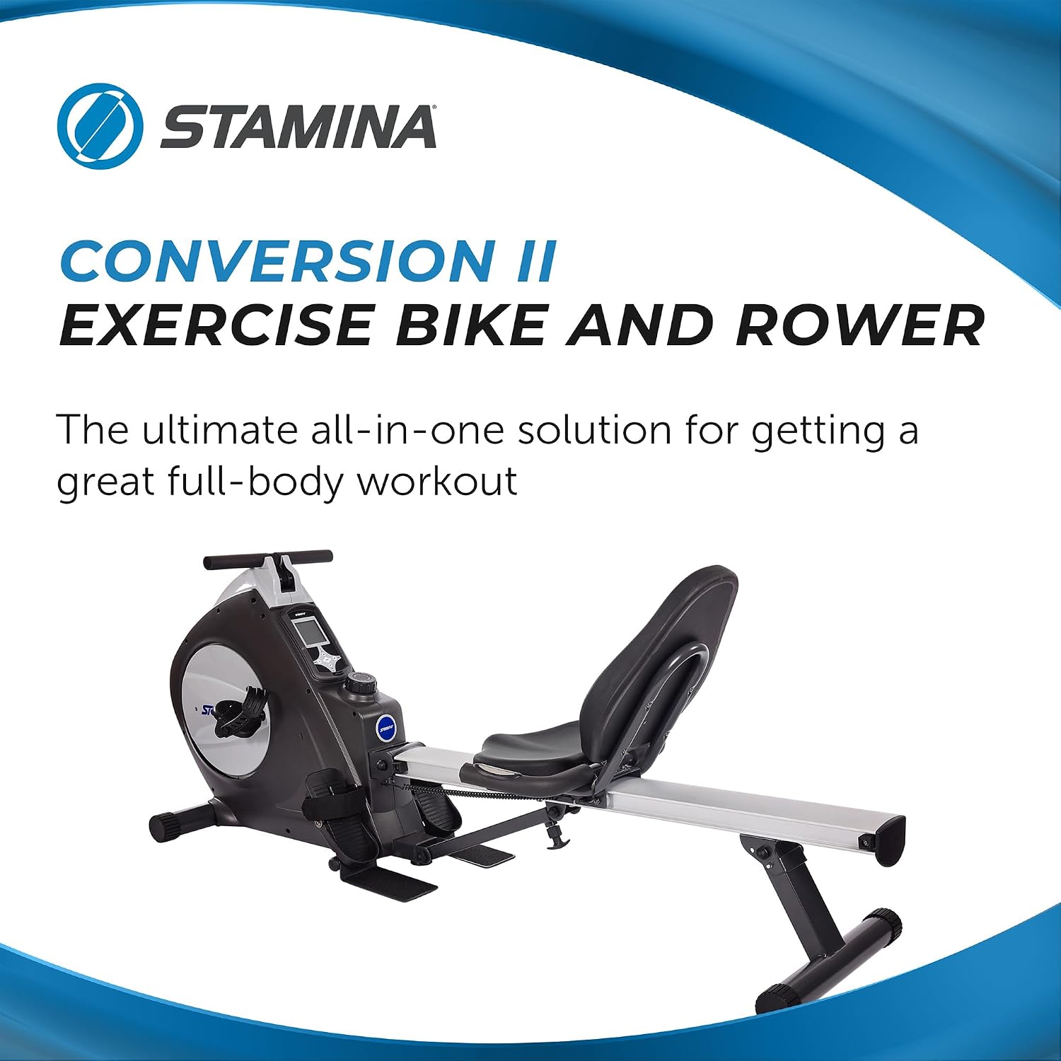 Stamina Conversion II Recumbent Exercise Bike and Rower - Cardio Machine with smart Workout App - Exercise Bike for Home Workout - Up to 250 lbs