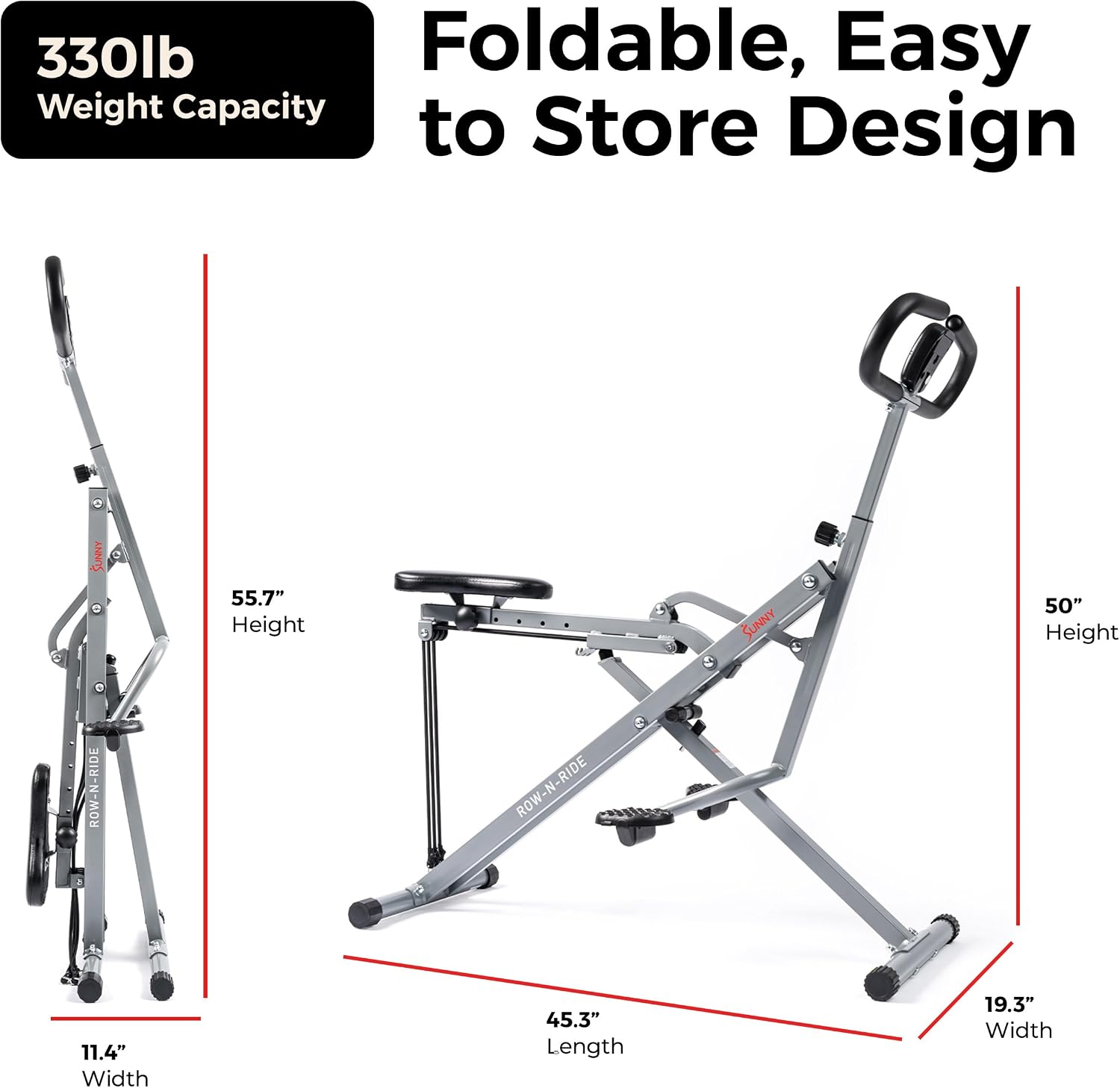 Sunny Health & Fitness Smart Row-N-Ride Glute & Leg Trainer, Foldable Squat Assist Rower with Exclusive SunnyFit App Connection