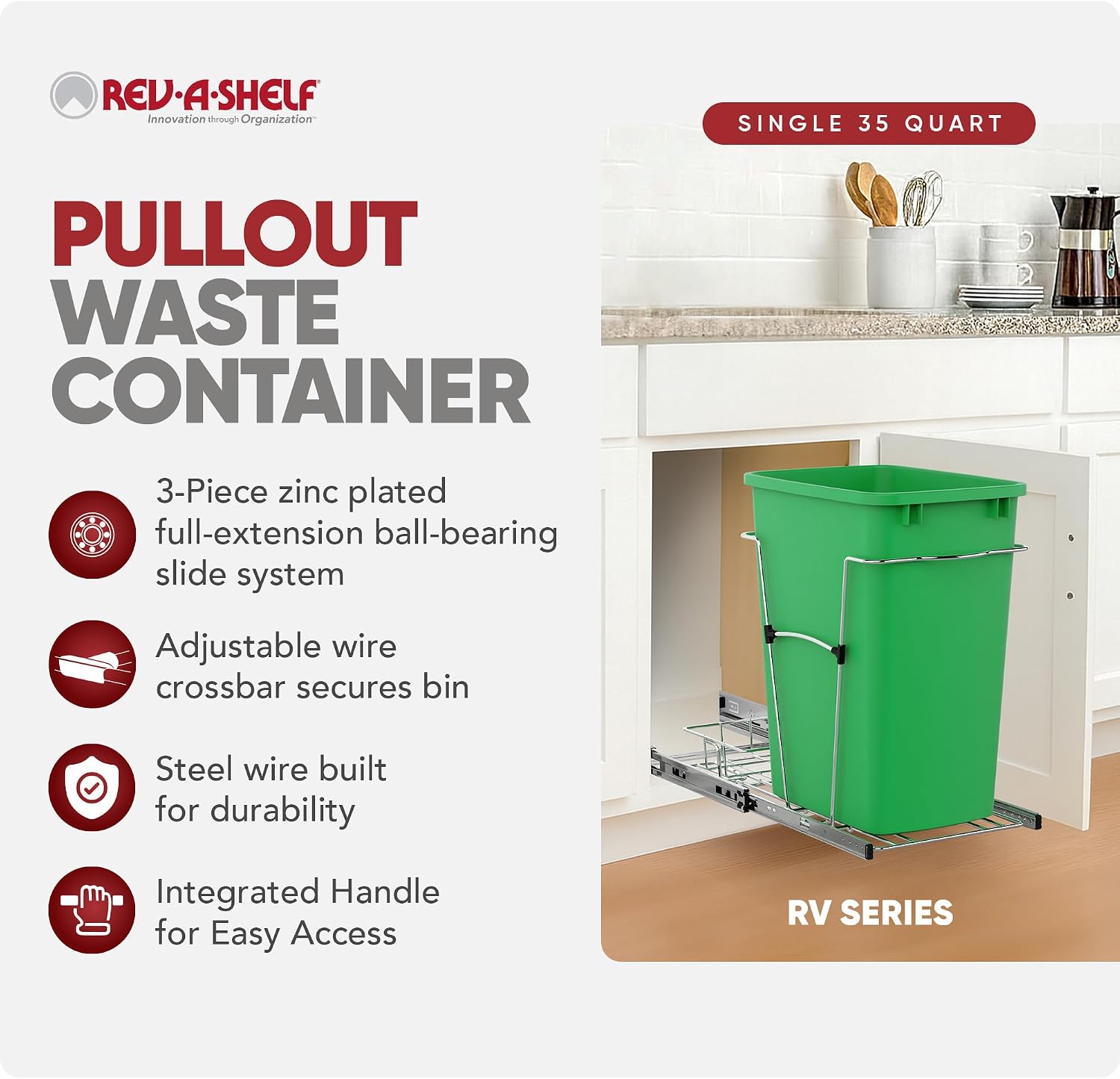 Rev-A-Shelf Pullout Trash Can for Kitchen Cabinets, Black Waste Bin, 35 Qt | Large Capacity Garbage/ Recycling Waste Container, Heavy Gauge Metal Wire Construction w/Full Extension Slides, RV-12KD-18C S