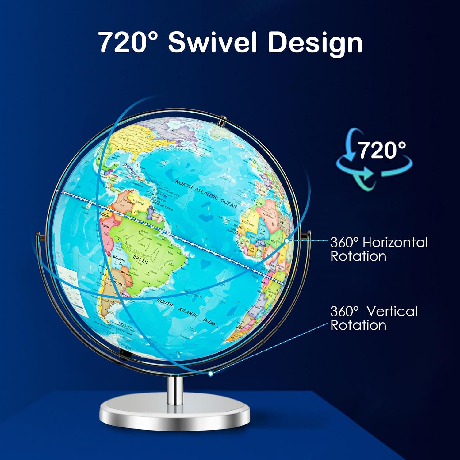 Goplus 13" Large World Globe with Stand, 720° Rotating Illuminated Globe with LED Lights, Metal Base, Desktop Geographic Globe for Home Office