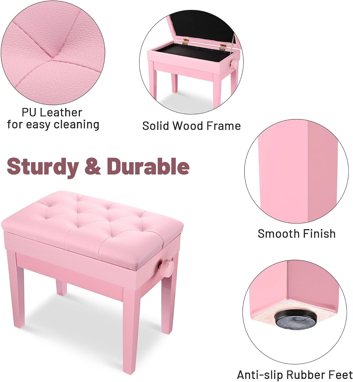 AW Adjustable Piano Bench with Storage Brown Wooden Keyboard Stool Seat | Leather Cushion Paino Chair for Piano Shop Music School Studio Capacity 400lbs