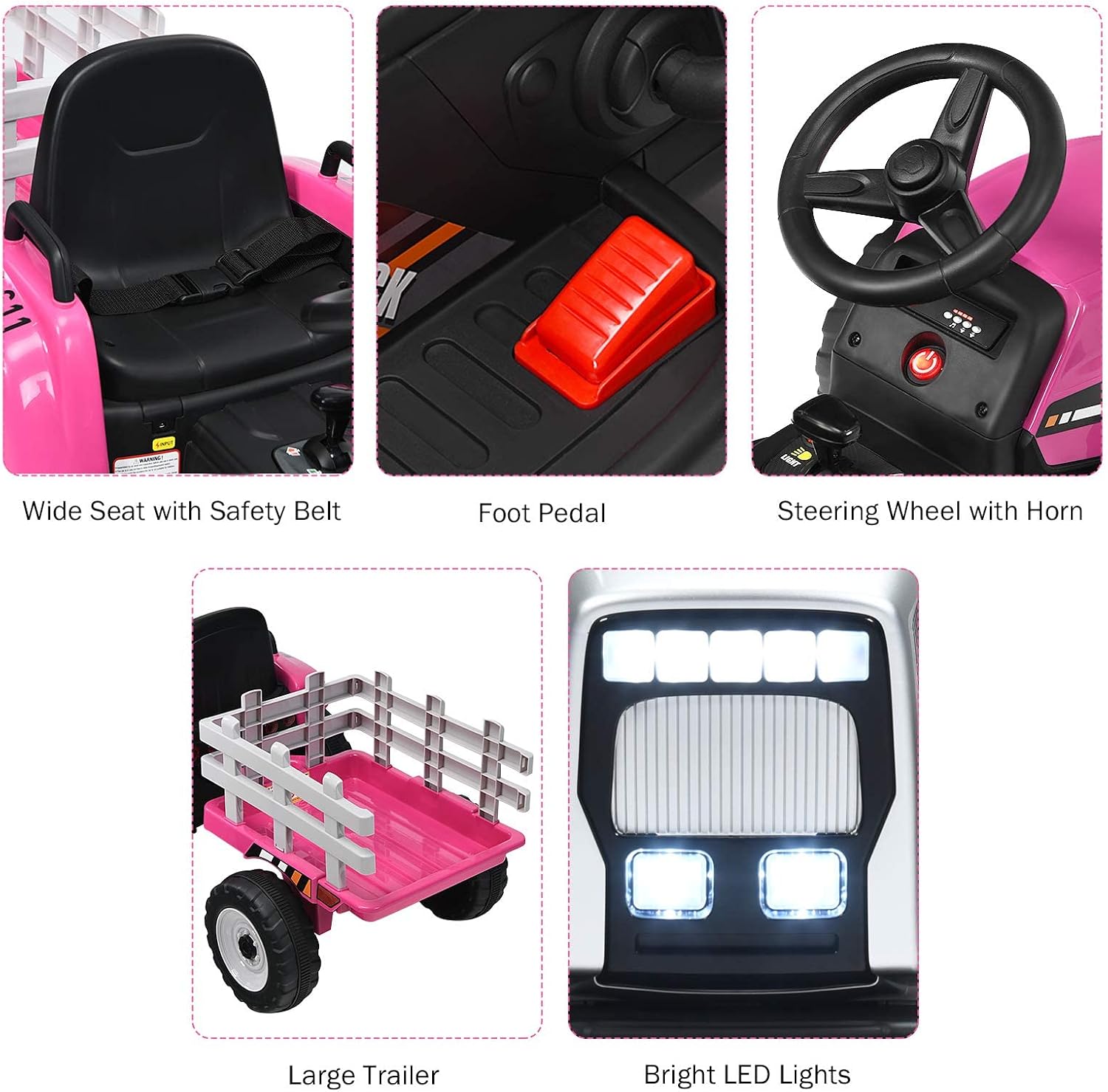 Costzon Ride on Tractor with Detachable Trailer, Kids' Electric Vehicles w/3-Gear-Shift Ground Loader, Wireless Design & USB, 7 LED Headlights