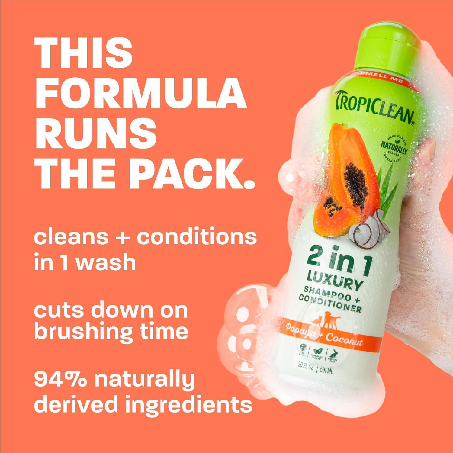 TropiClean Deodorizing Dog Shampoo for Smelly Pets, Long Lasting Odor Control, Puppy Safe, Made in the USA, Berry Scent, Cat Friendly, 20oz.