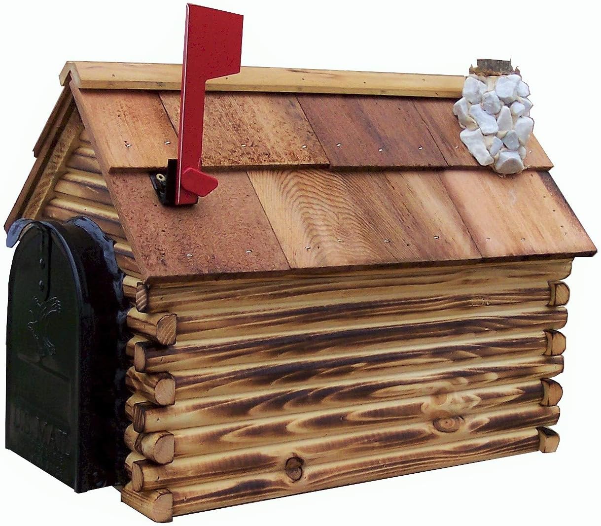 Log Cabin with Stone Chimney Wooden Mailbox Natural Amish Made in USA