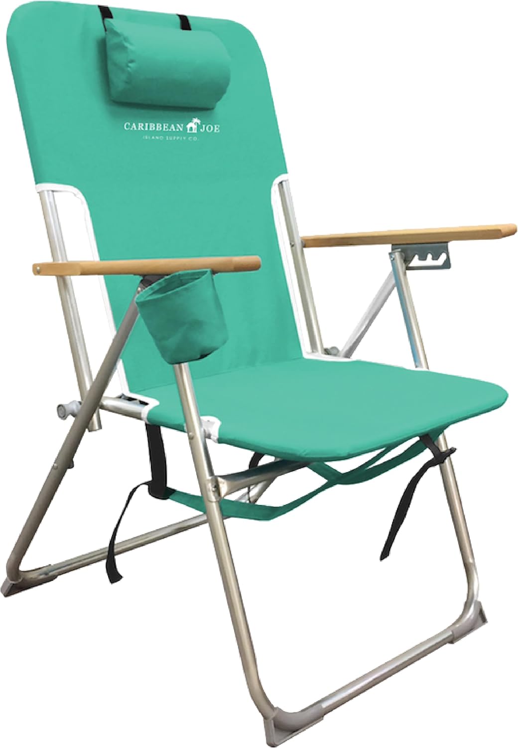 CARIBBEAN JOE Folding Beach Chair, 4 Position Portable Backpack Foldable Camping Chair with Headrest, Cup Holder, and Wooden Armrests