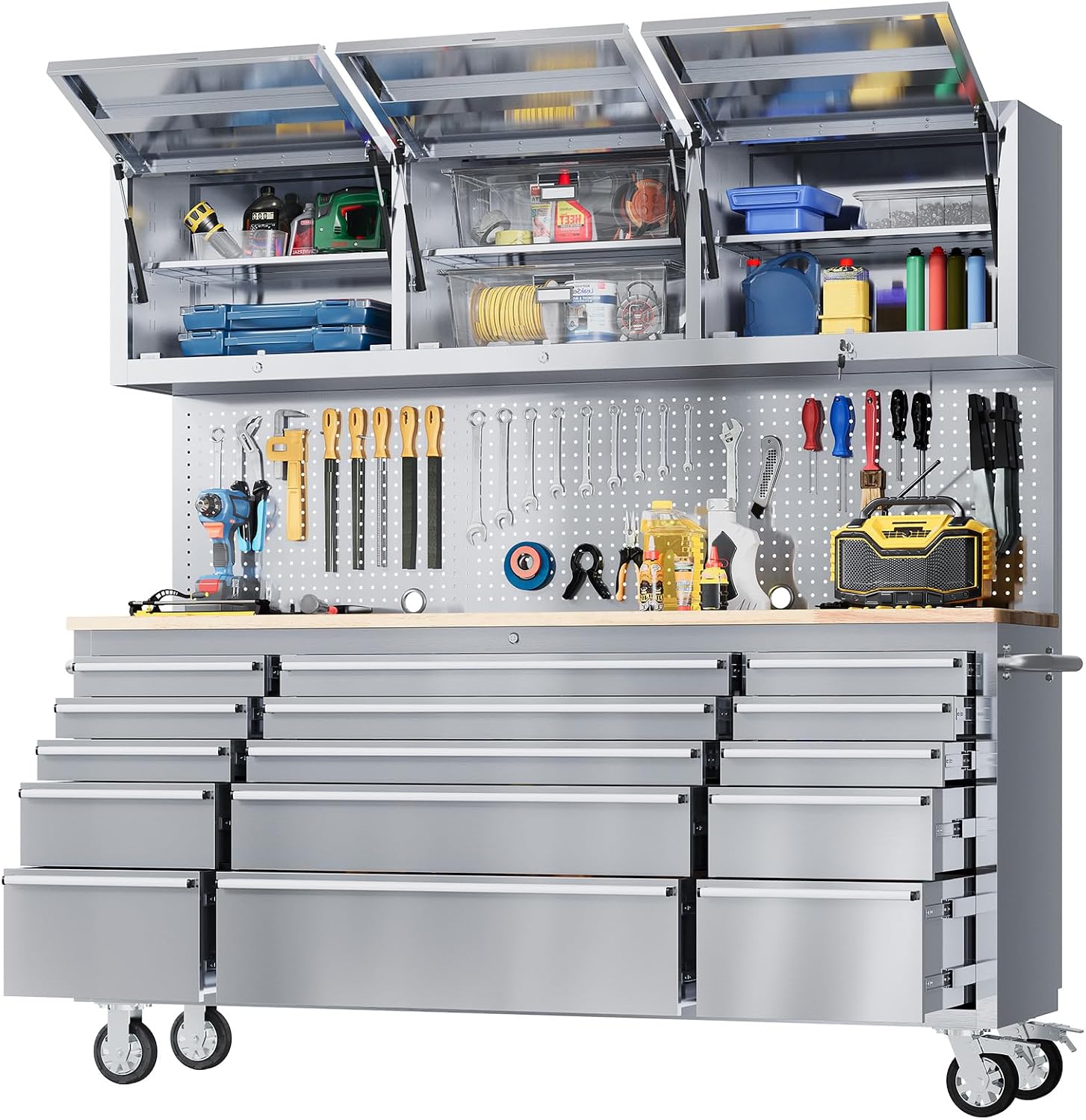 72" Heavy-Duty Rolling Tool Chest & Workbench with 15 Drawers, Steel Rubber Wood Top on Wheels, Key Locking System, Drawer Liners for Garage Warehouse Repair Shop, Black Storage Cabinet.