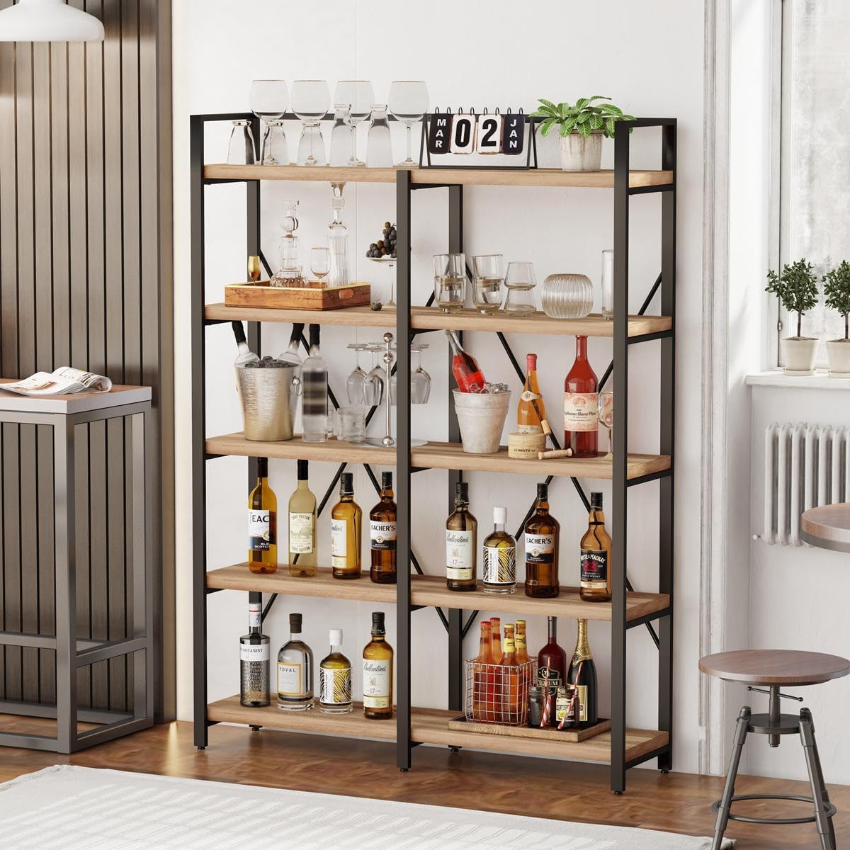 FATORRI Bookshelf, 5 Tier Industrial, 51 Inch Wide 69 Inch Tall Etagere Bookcase