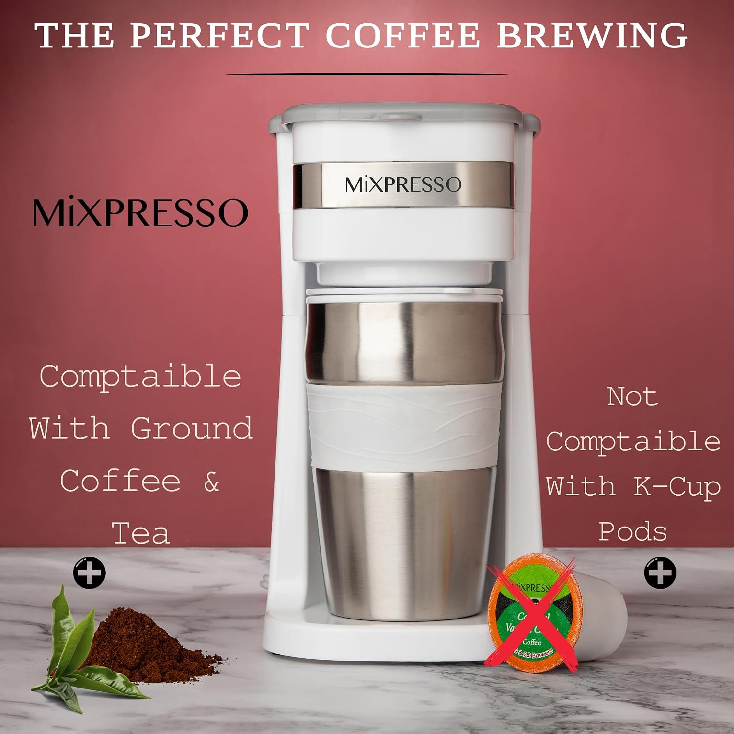 Mixpresso Single Serve & Single Cup Coffee Maker with 14oz Travel Mug Black | For ground coffee only, reusable filter, auto shut off. Compact personal drip coffee maker, not compatible with K-Cup pods.