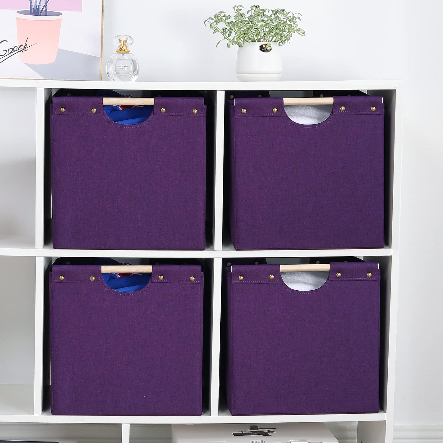 HOONEX Large Collapsible Storage Bins, Linen Fabric, 2 Pack, Storage Baskets with Wooden Carry Handles and Sturdy Heavy Cardboard, for Home, Office