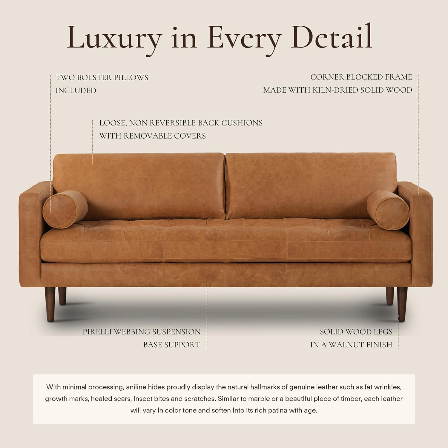 Poly & BARK 55" Tufted Leather Bed Bench for Bedroom End of Bed - Living Room Entry Way Bench - Pure Italian Leather Upholstery with a Solid Wood Frame - Ottoman Bench with Wooden Legs - Cognac Tan