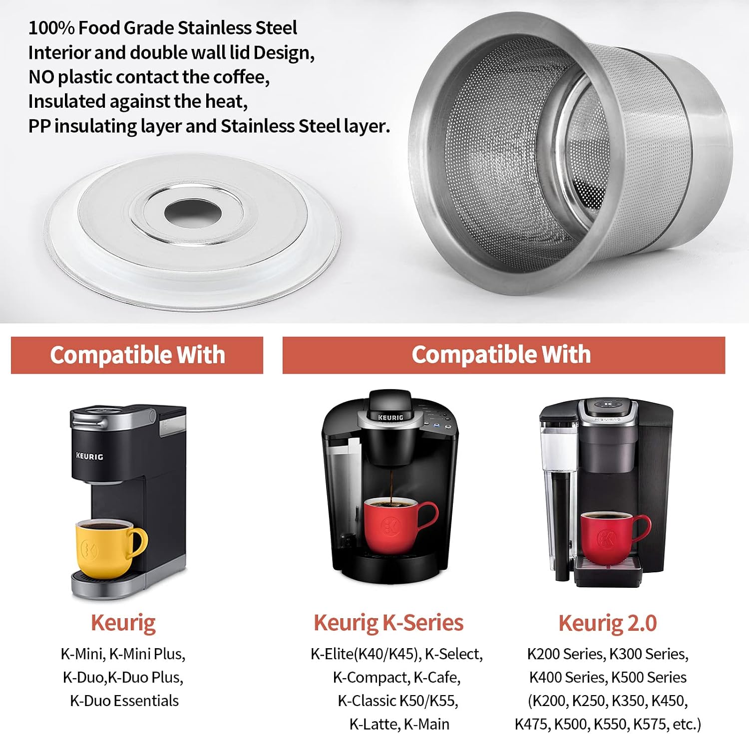 SUS304 Reusable Refillable K Cup Pod Filters, Fits Keurig 1.0 & 2.0 Brewers