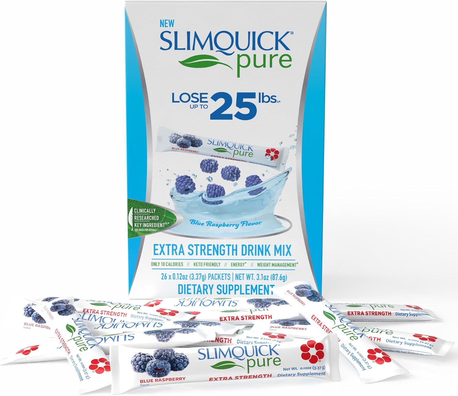 Slimquick Pure 3x Extra Strength Mixed Berry Drink Mix for Women to Help Achieve Weight Goals, Helps Metabolism, Keeps Full for Longer with Green Tea, Caffeine, Chaste Tree, Rhodiola Extract, 26 Count