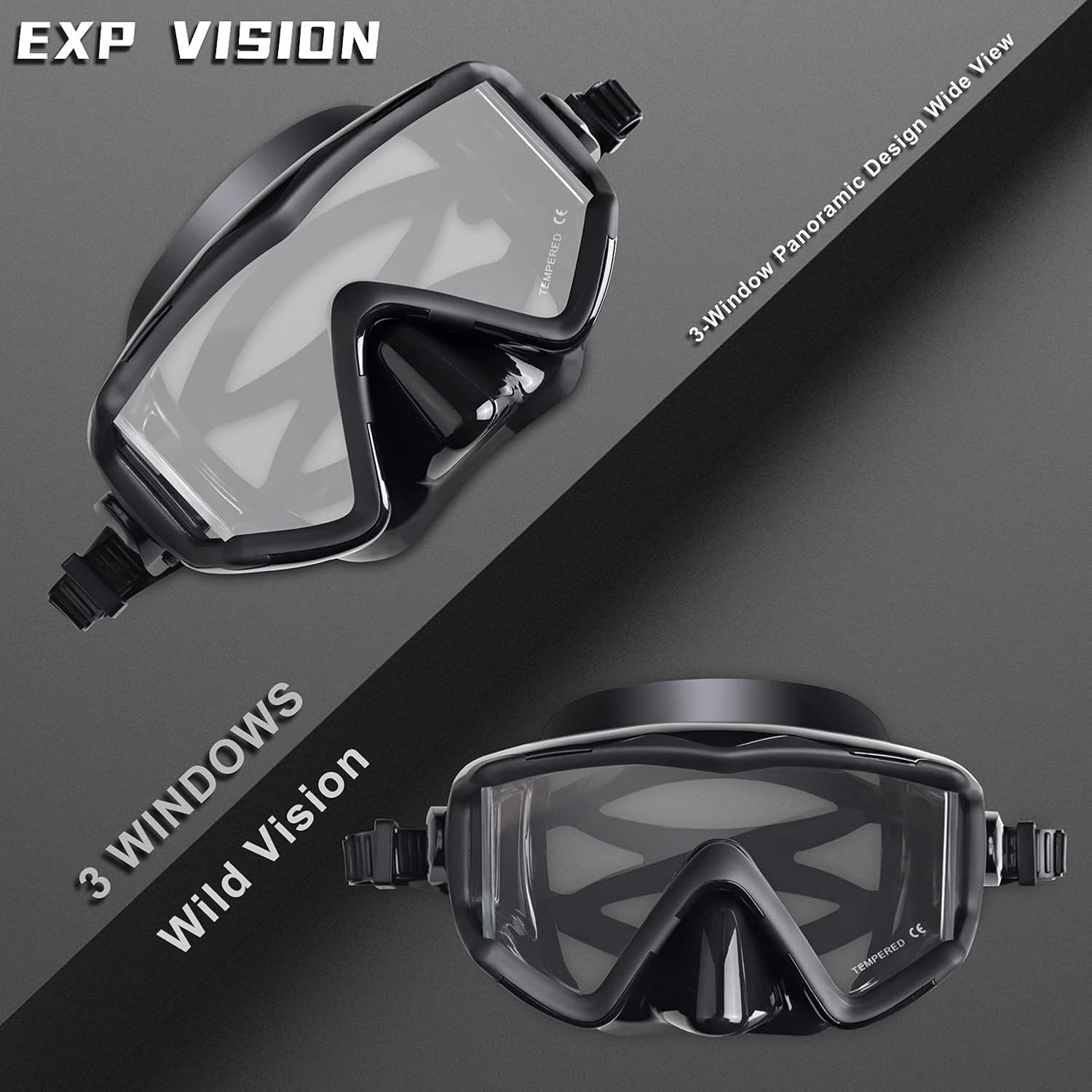 Adult Pano 3 Scuba Diving Mask, Tempered Glass Snorkel Mask Anti-Fog Swim Mask No Leakage Swim Goggles with Nose Cover Snorkeling Gear for Snorkeling