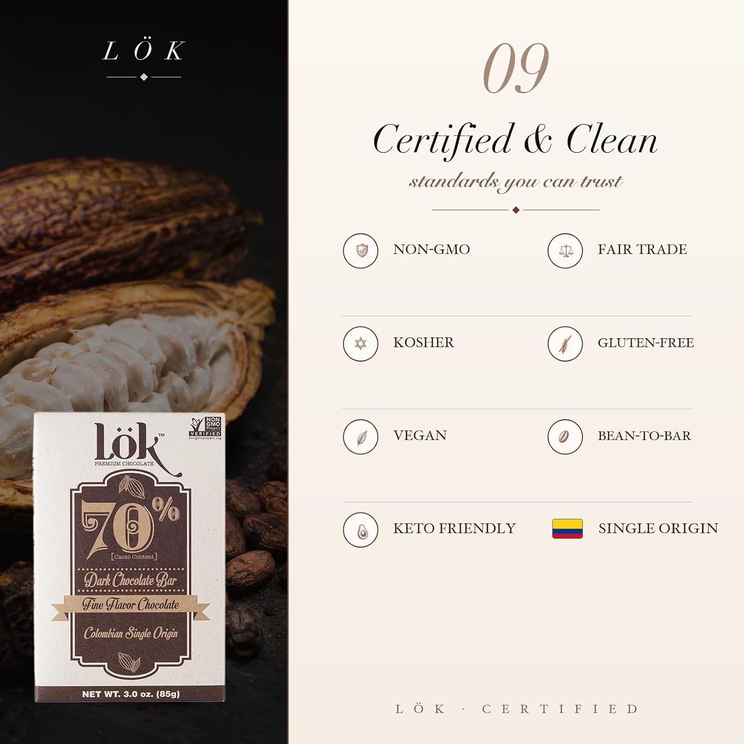 Lök Foods Dark Chocolate Bar 100% Cacao | Fair Trade, Kosher, Gluten Free, Vegan, Bean-to-Bar, Sugar-Free, No Sugar Alcohol, No Artificial Sweetener