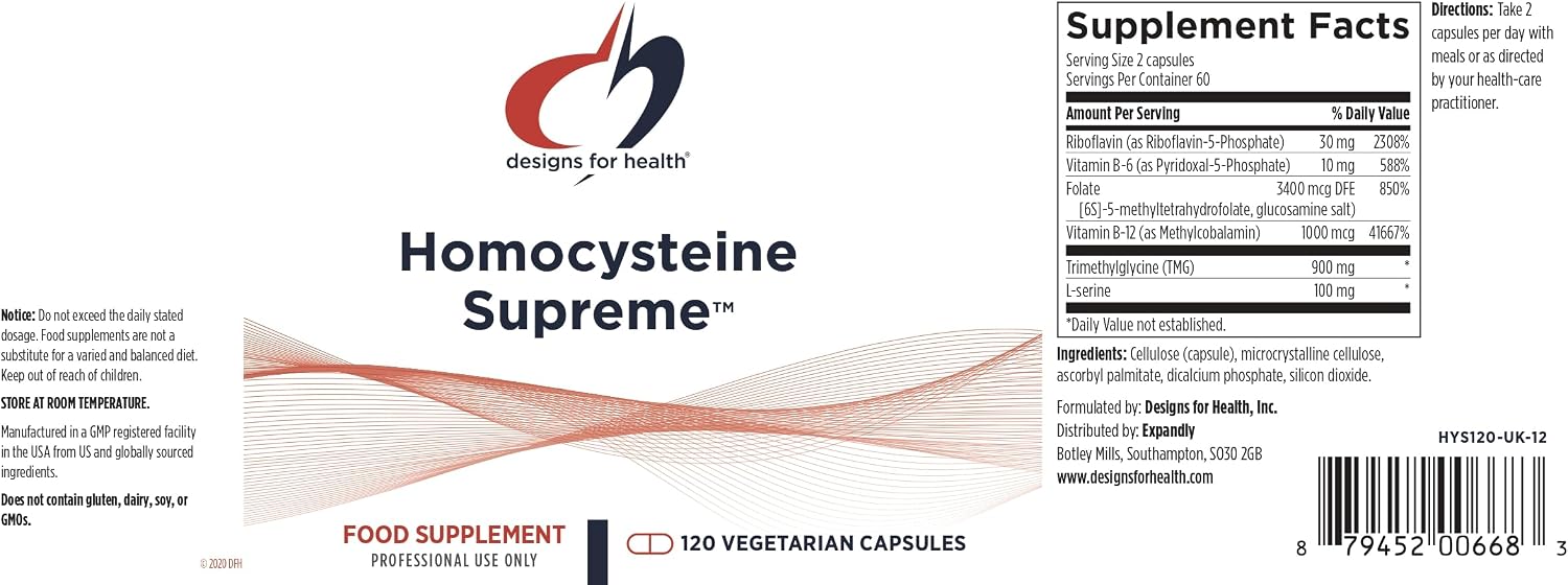 Designs for Health Homocysteine Supreme - Methylated B Vitamins with Riboflavin, B6, B12, Folate, L-Serine & TMG for Brain Support & Heart Health - Methylated Multivitamin (60 Capsules)