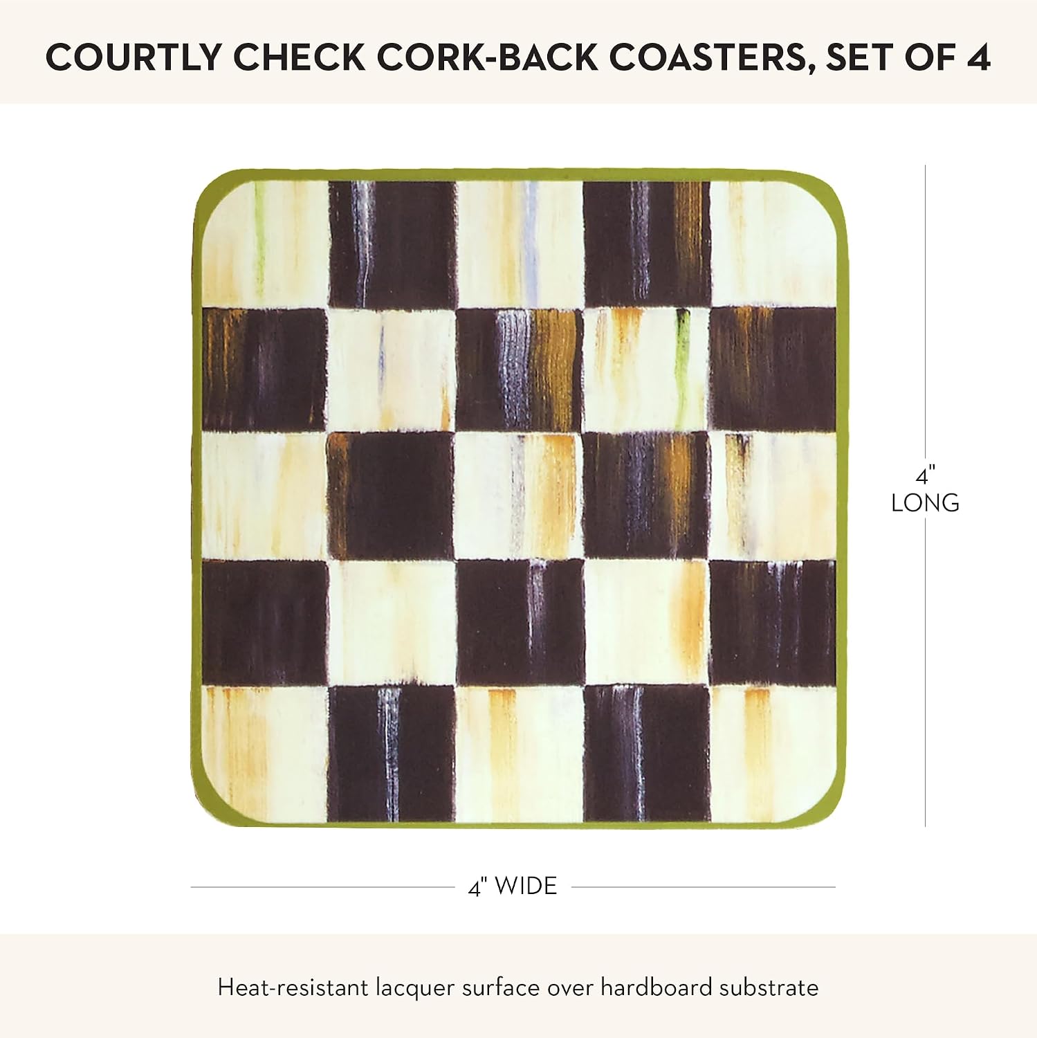 MACKENZIE-CHILDS Square Coasters Set, Black-and-White Courtly Check | Hand-painted design, made from MDF with a cork back, table coasters for drinks, 4" square, set of 4