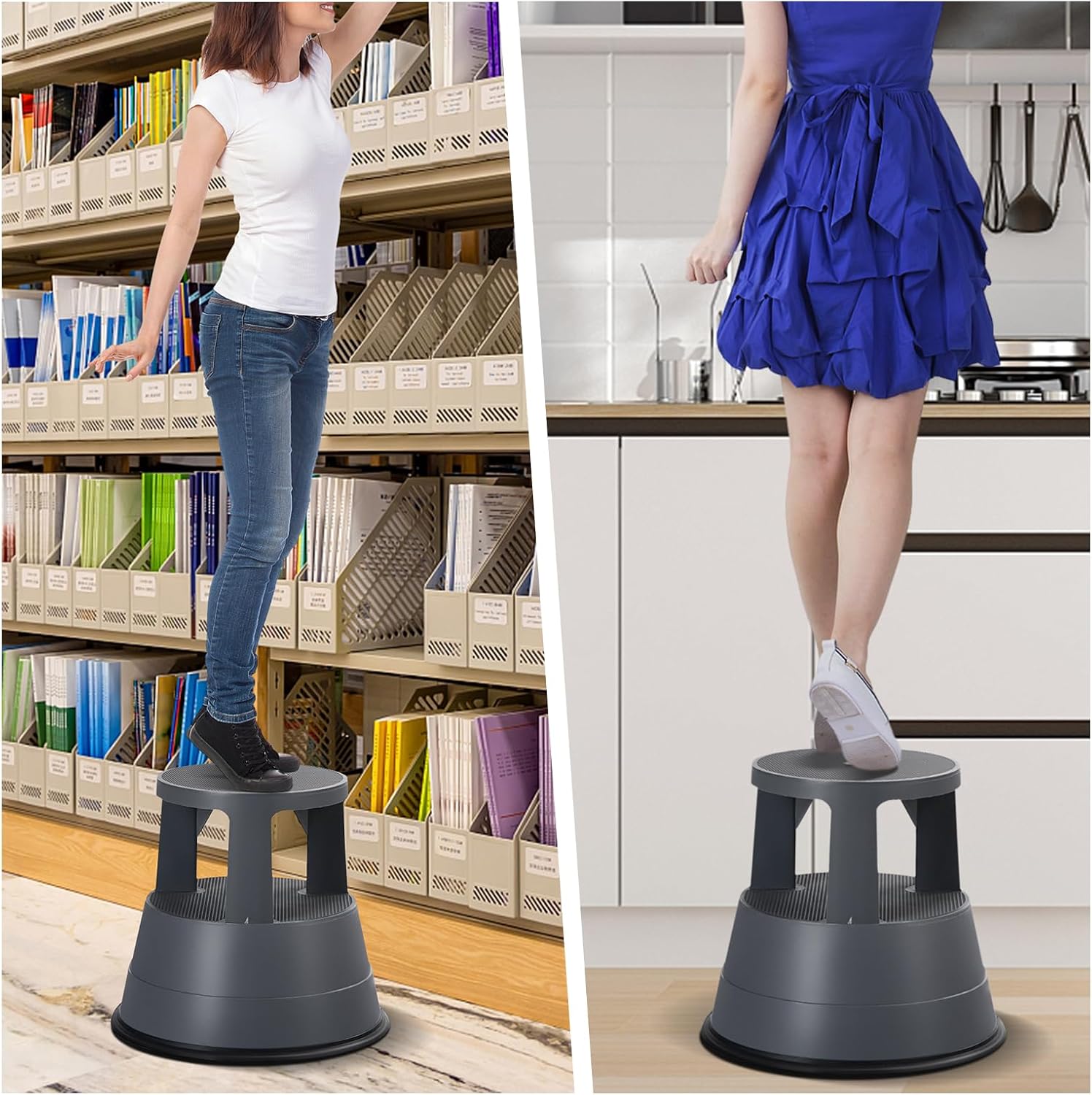 Nightcore Rolling Step Stool Kick Stool Ladder w/Non-Slip Platform Retractable Swivel Casters Firm Rubber Base