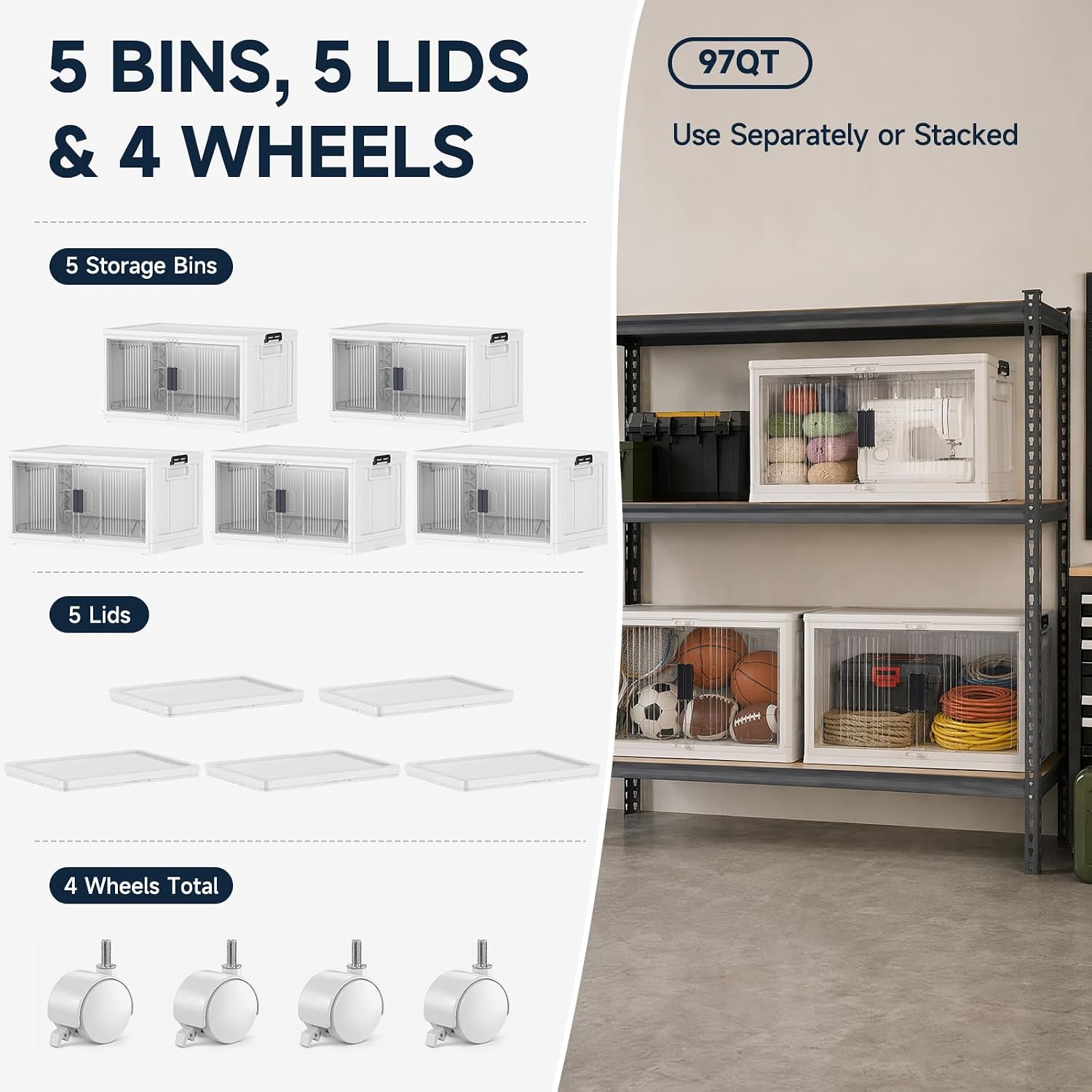 OlarHike 144QT Storage Bins with Lids for Closets, Office, Dorm, 3 Pack | Multi-Lid, Lockable Cabinet, Doors & Wheels, Foldable & Collapsible, Stackable Organizers, Plastic Drawers, School, Game Day