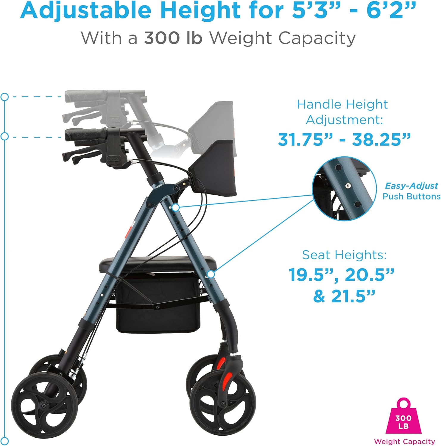 NOVA Star 8 Foldable Rollator Walker for Seniors (5'3"–6'2"), Wide Padded Backrest with Seat, 8” All-Terrain Wheels, Easy-Grip Locking Hand Brakes, Height Adjustable, Sky Blue
