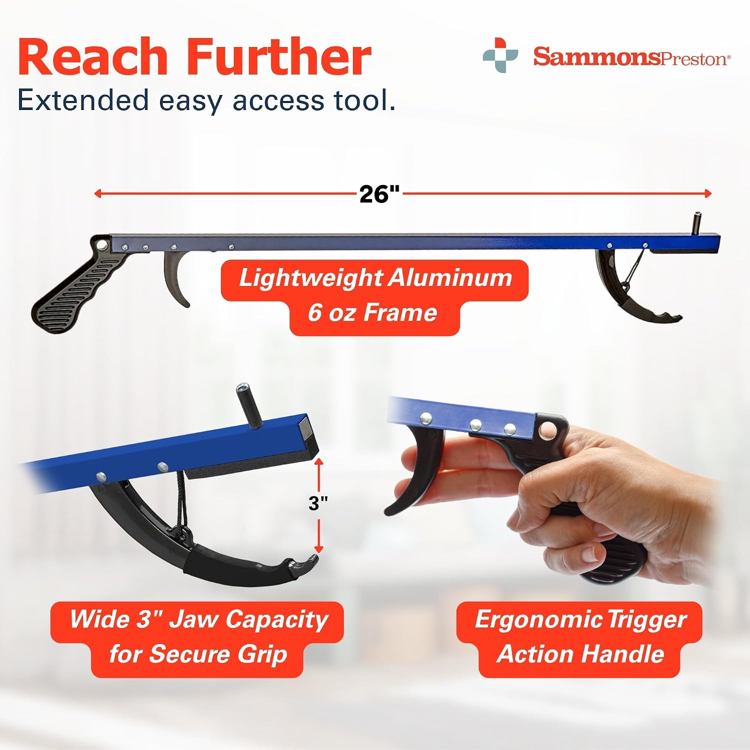 Sammons Preston Reacher, 32" Grabber Tool for Seniors, Magnetic Tip, Silver | Lightweight grabber reacher tool with magnetic tip, ergonomic grip and claw jaw, a reaching aid for seniors