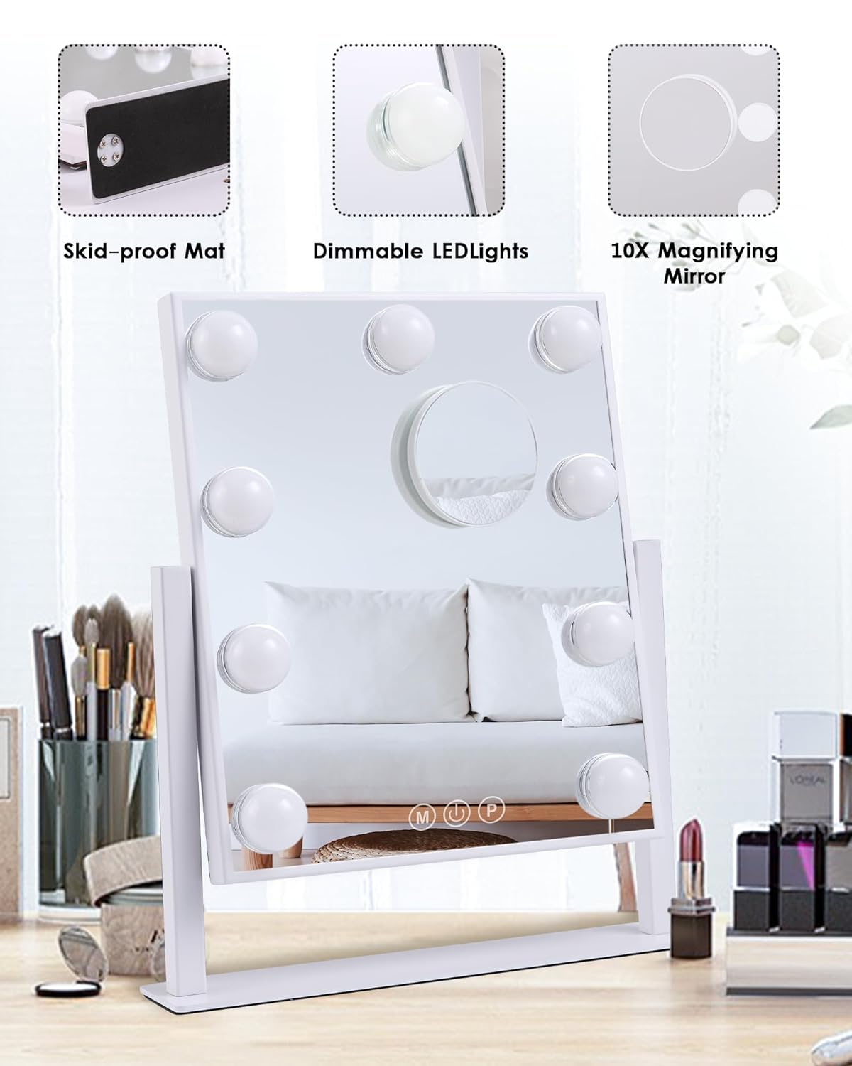 BWLLNI Lighted Makeup Mirror, White Vanity Mirror with Lights,9 LED Bulbs