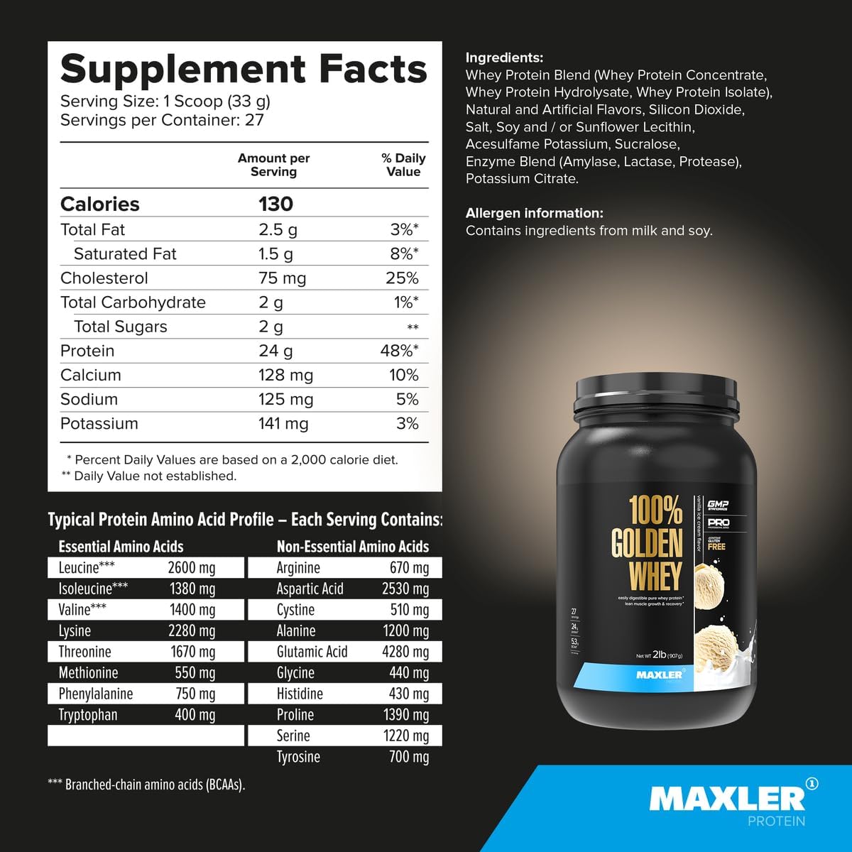 100% Golden Whey Protein - 24g of Protein per Serving - Whey Protein Powder for Pre Post Workout - Fast-Absorbing Whey Concentrate, Isolate & Hydrolysate Blend - Vanilla Ice Cream 2 lb