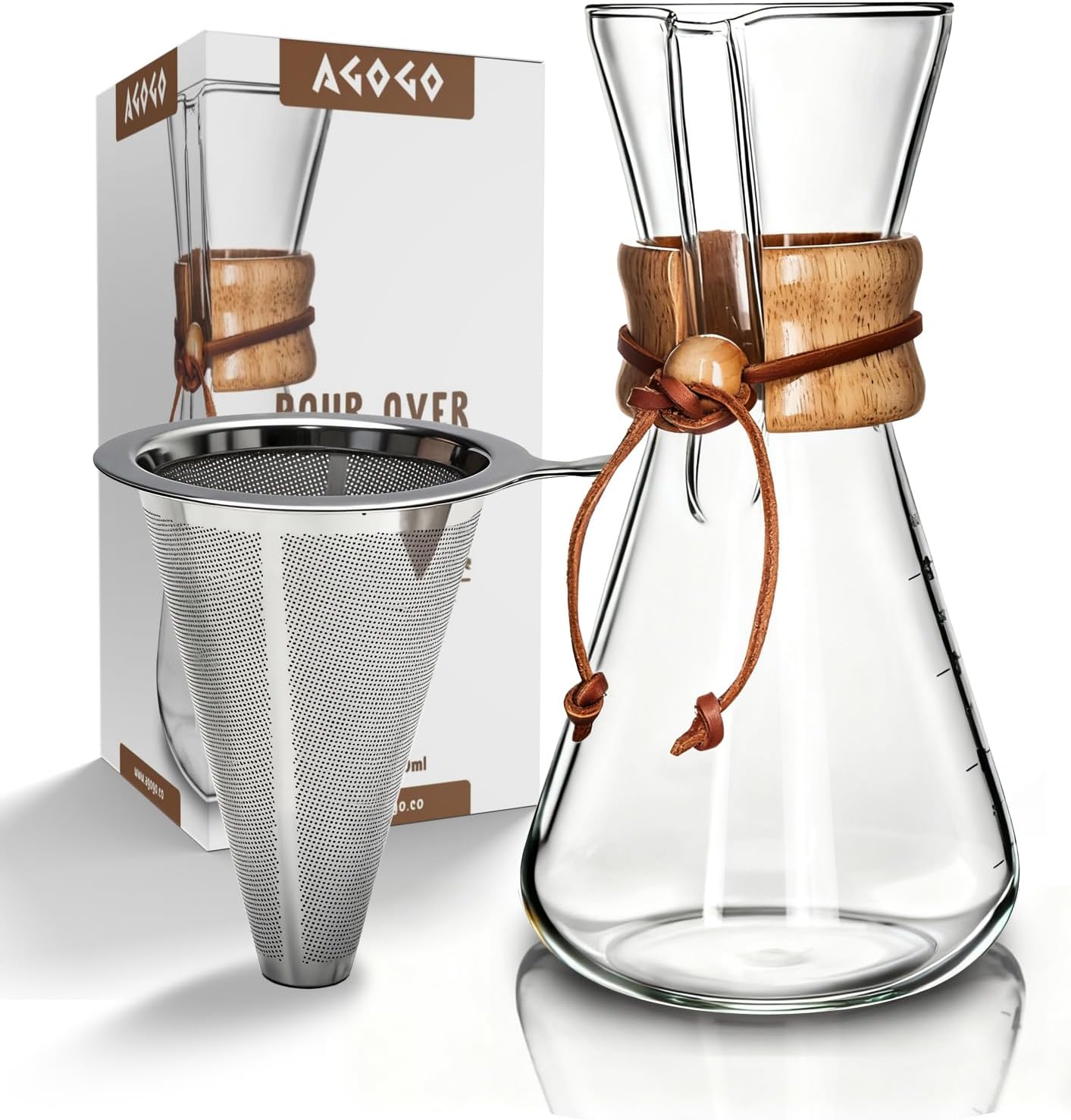 AGOGO Pour Over Coffee Maker Set, 34oz Classic Style, 304 Stainless Filter | Barista kit for home kitchen, Cafe, Camping & Office; 20oz-40oz Classic, Slim, Diamond styles; Includes brush & towel.