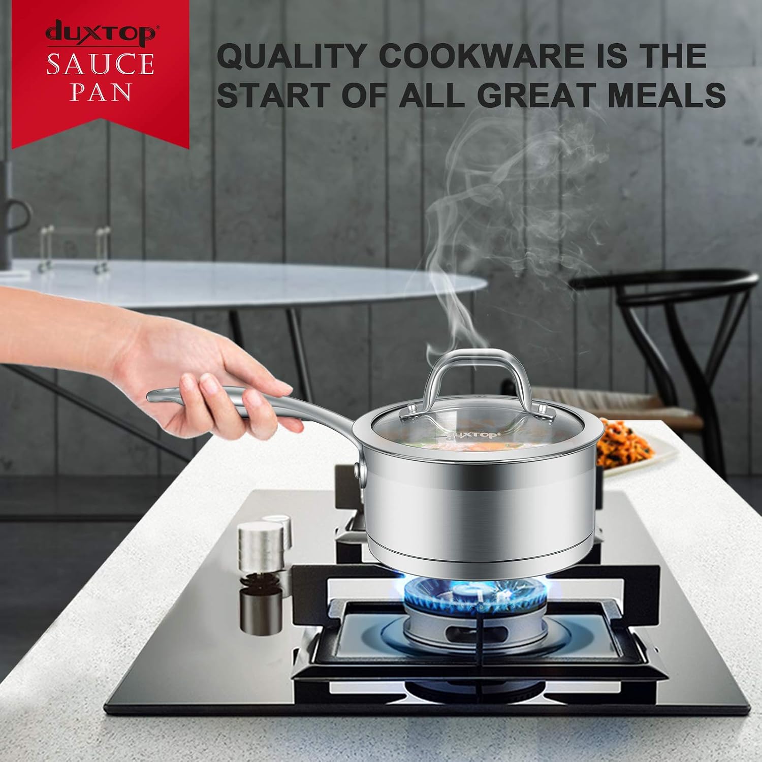 Duxtop Stainless Steel Sauce Pan with Lid, 2.5 Quart Induction Cooking Pot | Saucepan with Stay-Cool Handle, Impact-Bonded Base for Even Heating