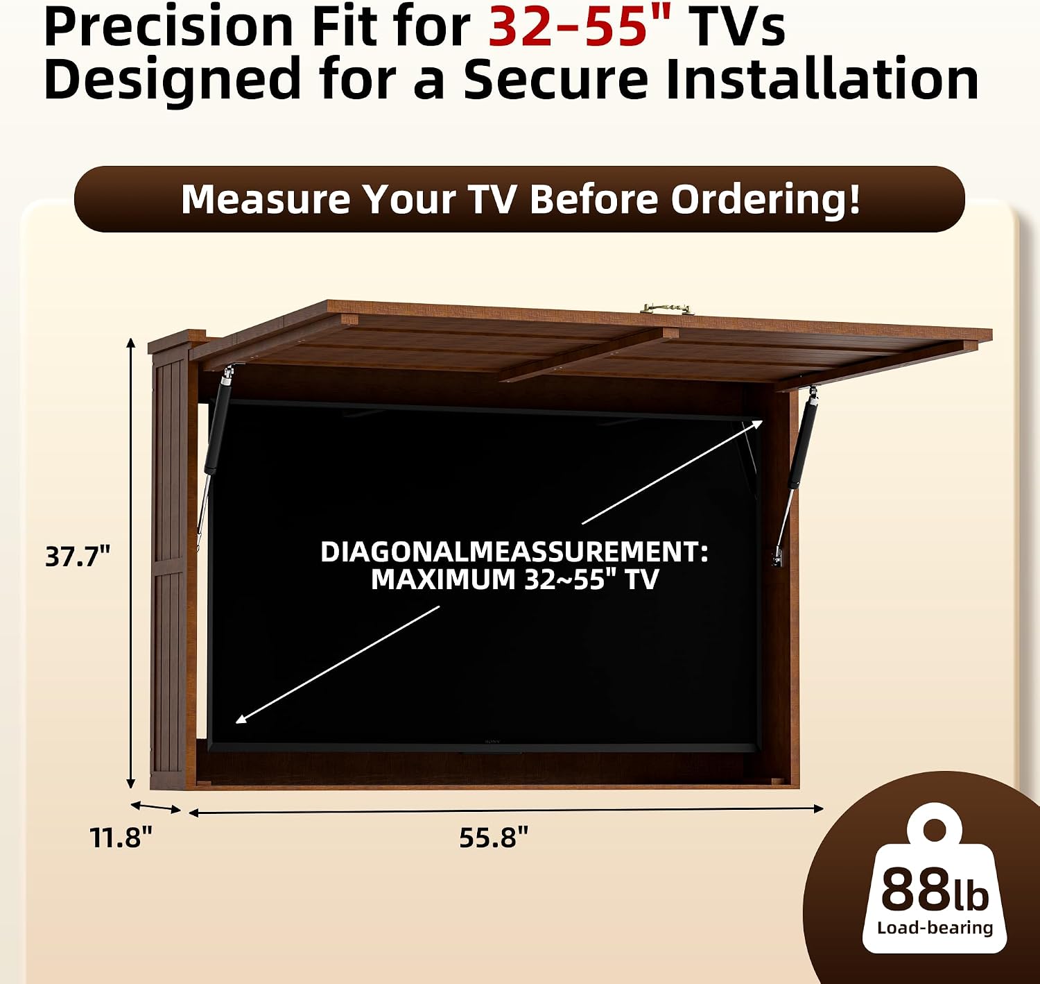 Outdoor TV Enclosure, Fit for 32-55 Inch TV, Solid Wood Wall-Mounted TV Cabinet with Dual-Arm Steel Bracket, Includes 600D TV Cover (Walnut Color)
