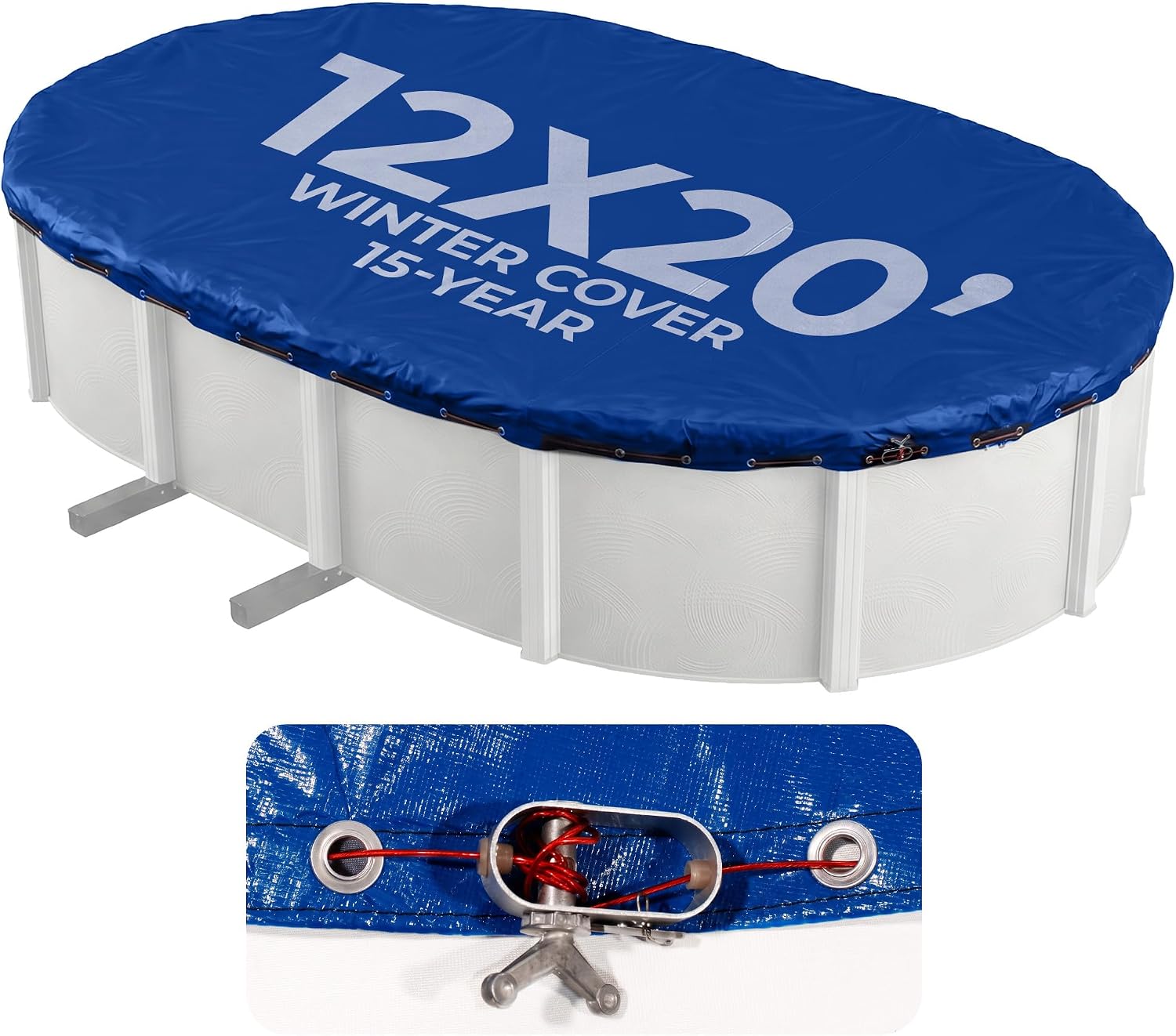 Blue Wave Arctic Armor 12x24-ft Oval Above Ground Pool Winter Cover, Blue | 14x14 laminated polyethylene, metal grommets every 2 ft, black underside, cable and winch, 4-ft overlap, 15-yr support