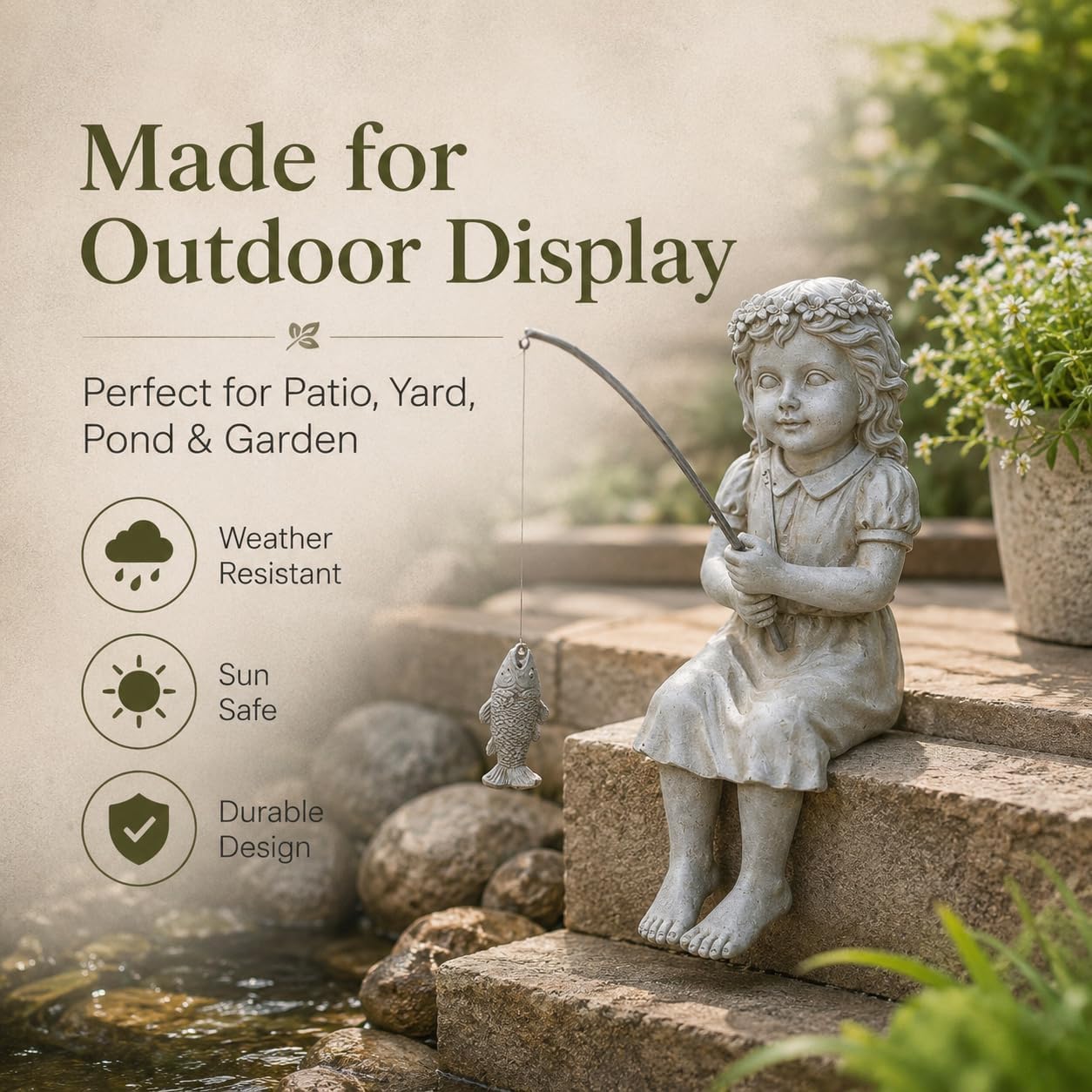 Goodeco Fisherboy Statue Garden Decor - 11" Little Fishing Guy for Koi Pond or Waterfalls, Poolside Statue with Glow in Dark Pebbles Included