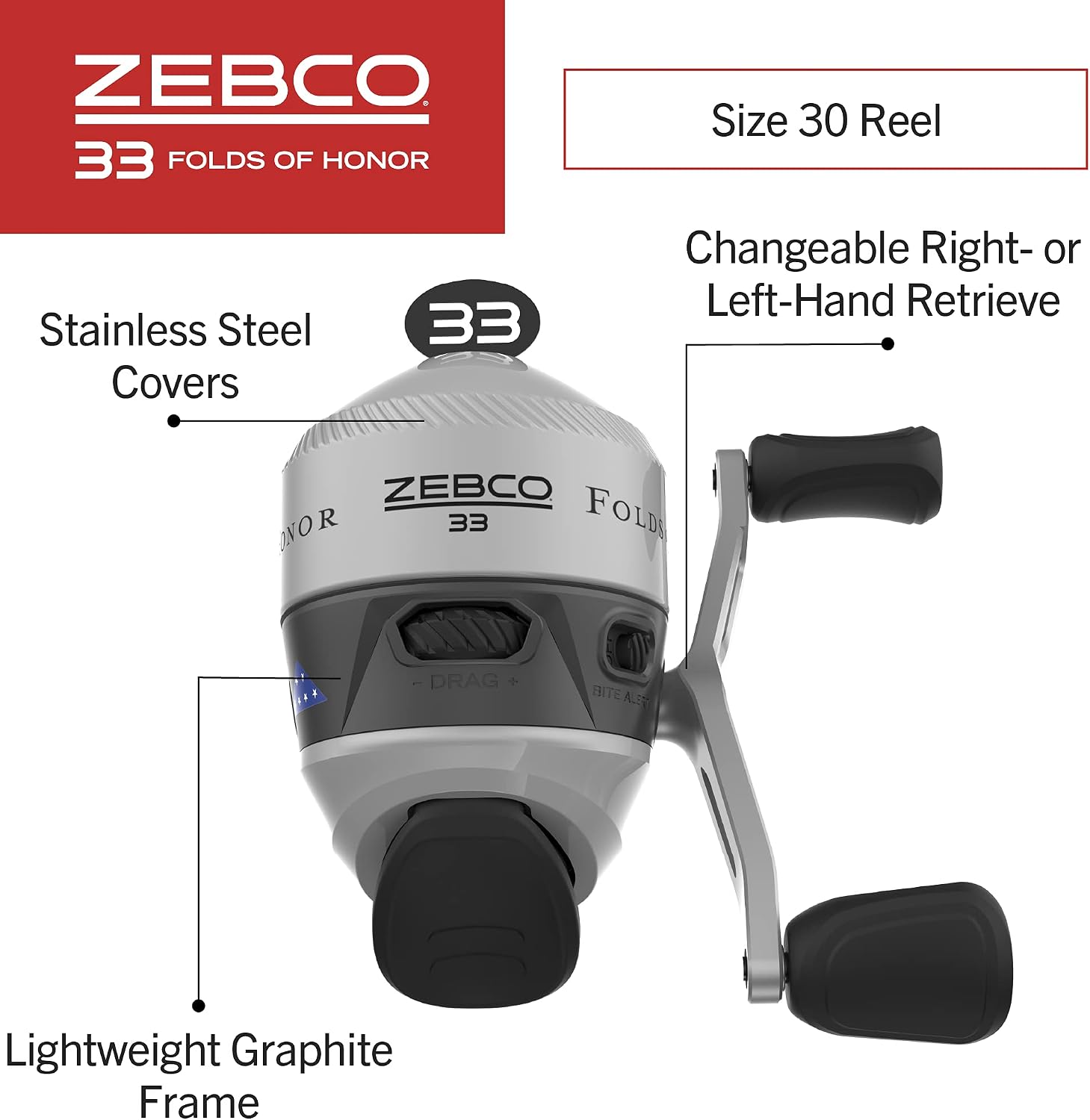 Zebco 33 Folds of Honor Spincast Reel and 2-Piece Fishing Rod Combo, 6-Foot Fiberglass Rod, Quickset Anti-Reverse Fishing Reel with Bite Alert