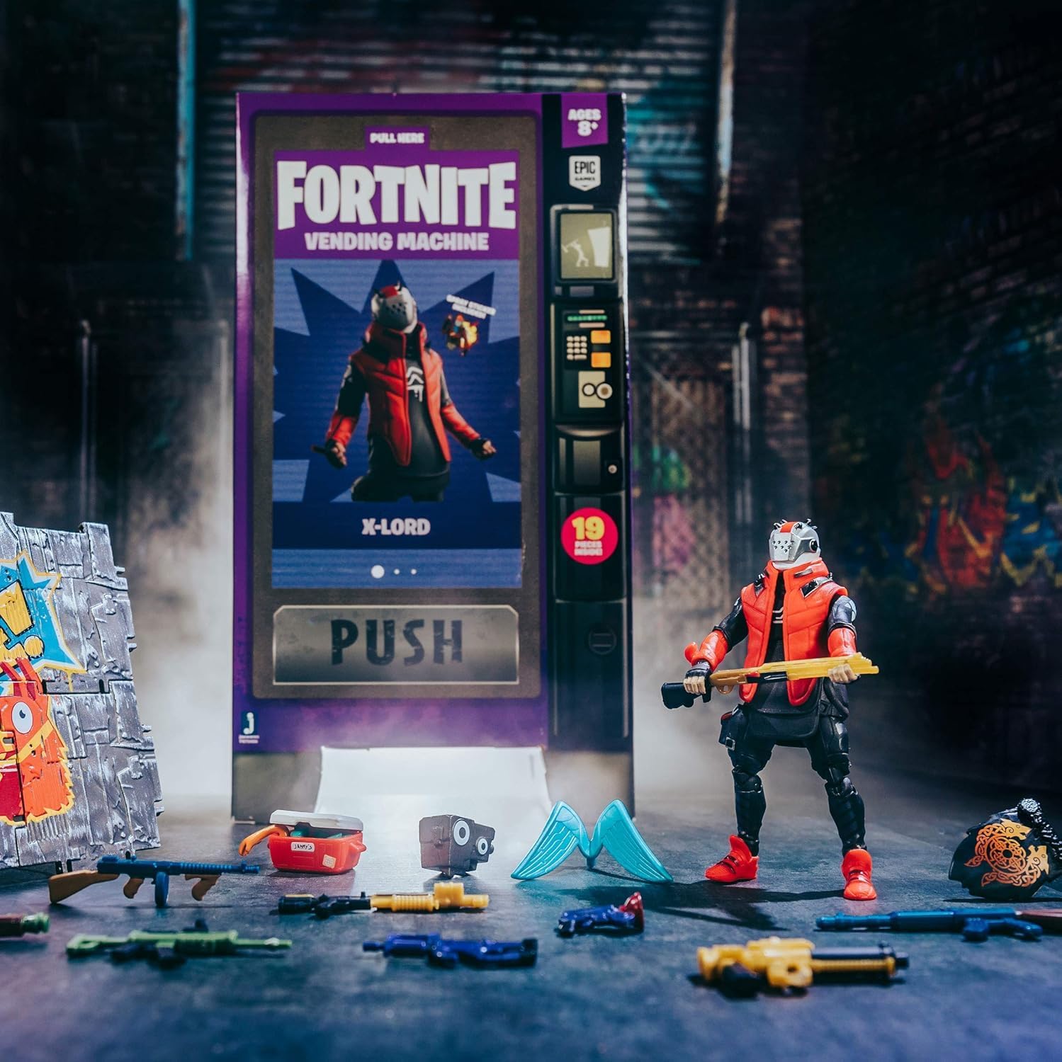 Fortnite Vending Machine, Features 4 Inch X-Lord Action Figure, Includes 9 Weapons, 4 Back Bling, and 4 Building Material Pieces