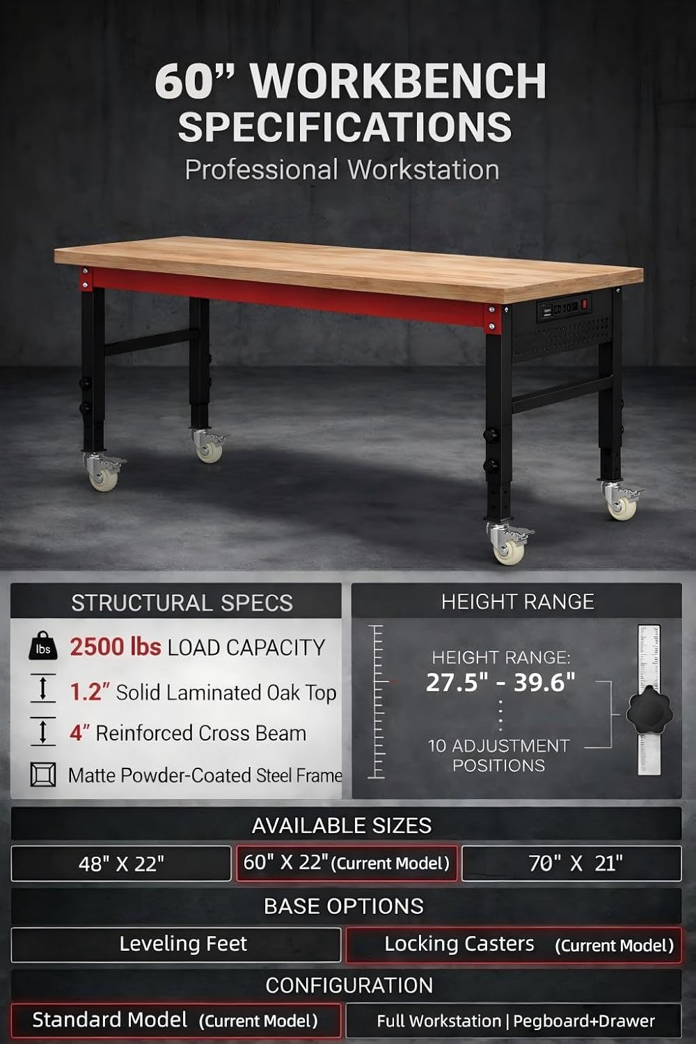 60" Heavy Duty Workbench, 2500 LBS Load Capacity Work Bench with 1.2" Laminated Oak Wood Top & Reinforced Steel Frame, Adjustable Height Work Table for Garage, Workshop, Office, Home (Casters)