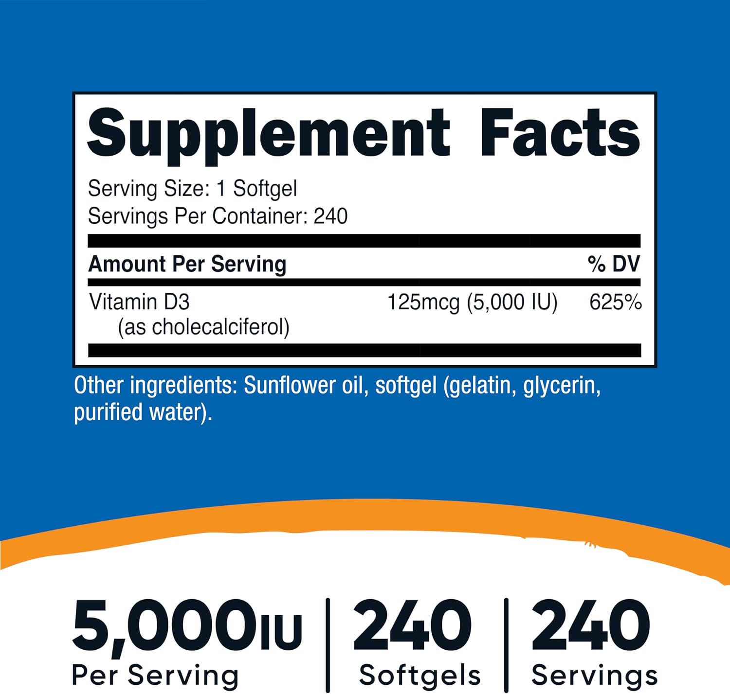 Nutricost Vitamin D3 5,000 IU (125mcg), 240 Softgels, GMO-Free | Gluten Free Vitamin D