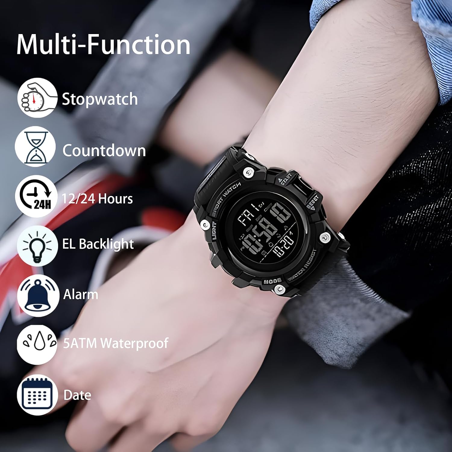 Gosasa Men Sport Watch Countdown Stopwatch Watch Mens Wrist Watch Waterproof LED Electronic Digital Male Watch 12/24 Hour Multifunctional Watch