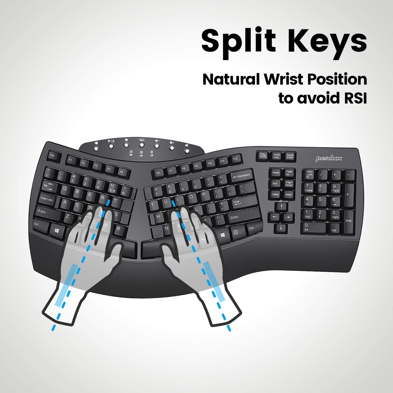 Perixx PERIBOARD-512B Wired Ergonomic Keyboard - Split Keyboard, Wrist Rest, Natural Typing - Wired USB Connectivity - US English - Black