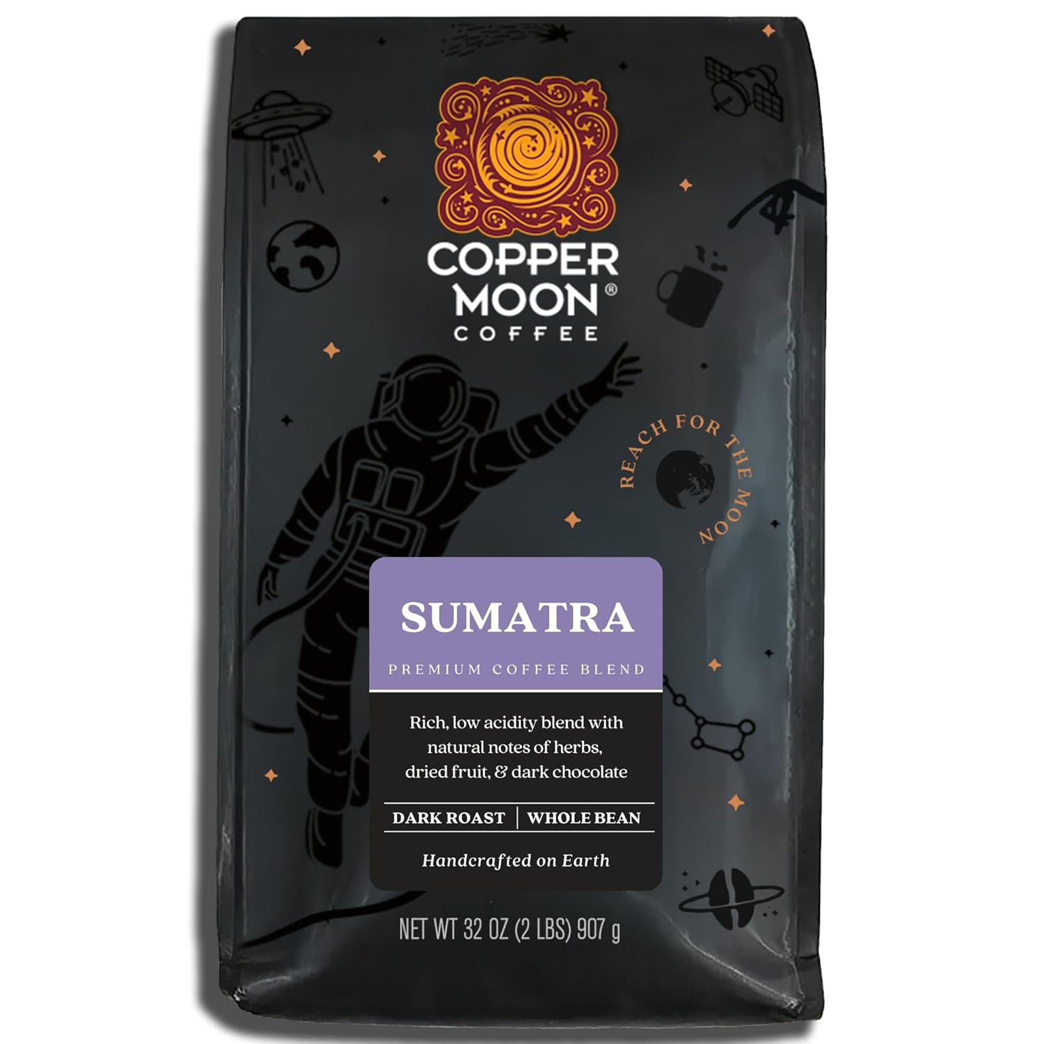 Copper Moon Whole Bean Coffee, Dark Roast, Sumatra, 2 lb | 2 Pound Bag, Vegan, Allergen Free, Non-GMO, Kosher, Vegetarian, Small Batch Roasted