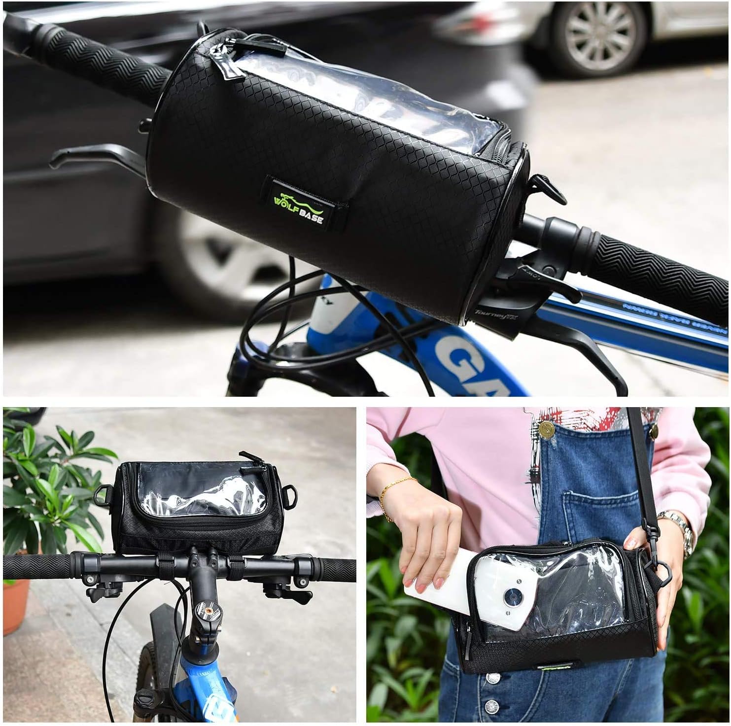 Bike Handlebar Bag, 6 inch Transparent Pouch | Waterproof Phone Cycling Mount Front Bags, Bicycle Storage Bag with Removable Shoulder Stra