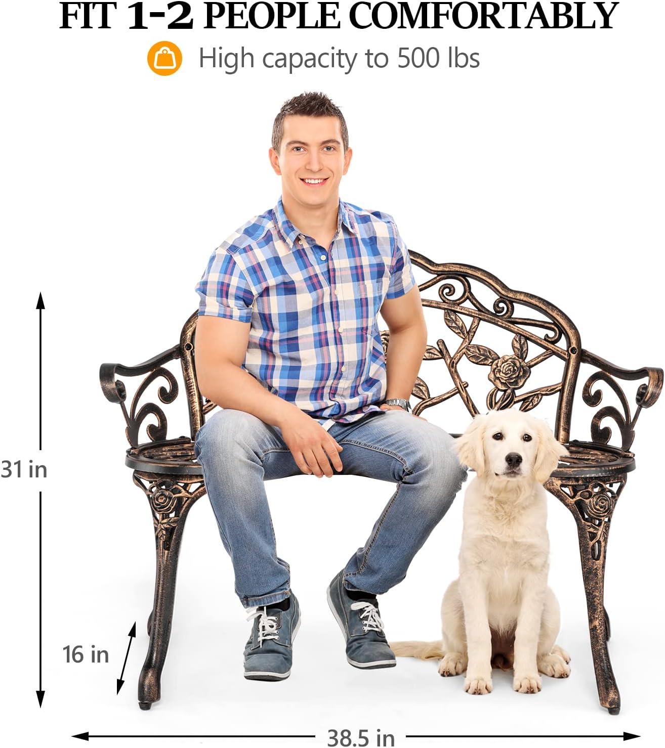 VINGLI 38.5" Patio Park Garden Outdoor Metal Rose Bench, 2-Person Cast Iron Cast Aluminium Frame Antique Finish Chair,Accented Lawn Front Porch Path Yard Decor Deck Furniture (Bronze, Rose)