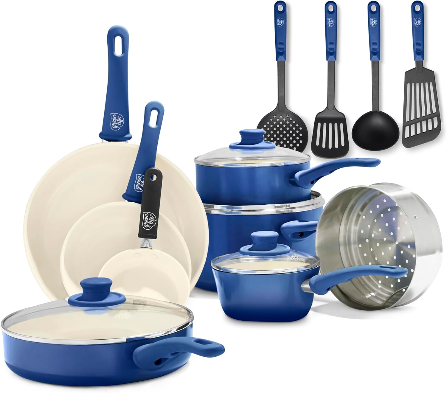 GreenLife 16 Piece Ceramic Nonstick Pots & Pans Cookware Set, Turquoise | PFAS-Free Ceramic Nonstick, Stockpot, Frying Pans, Saucepans, Sauté Pan, Stay-Cool Handles, Dishwasher & Oven Safe up to 350F