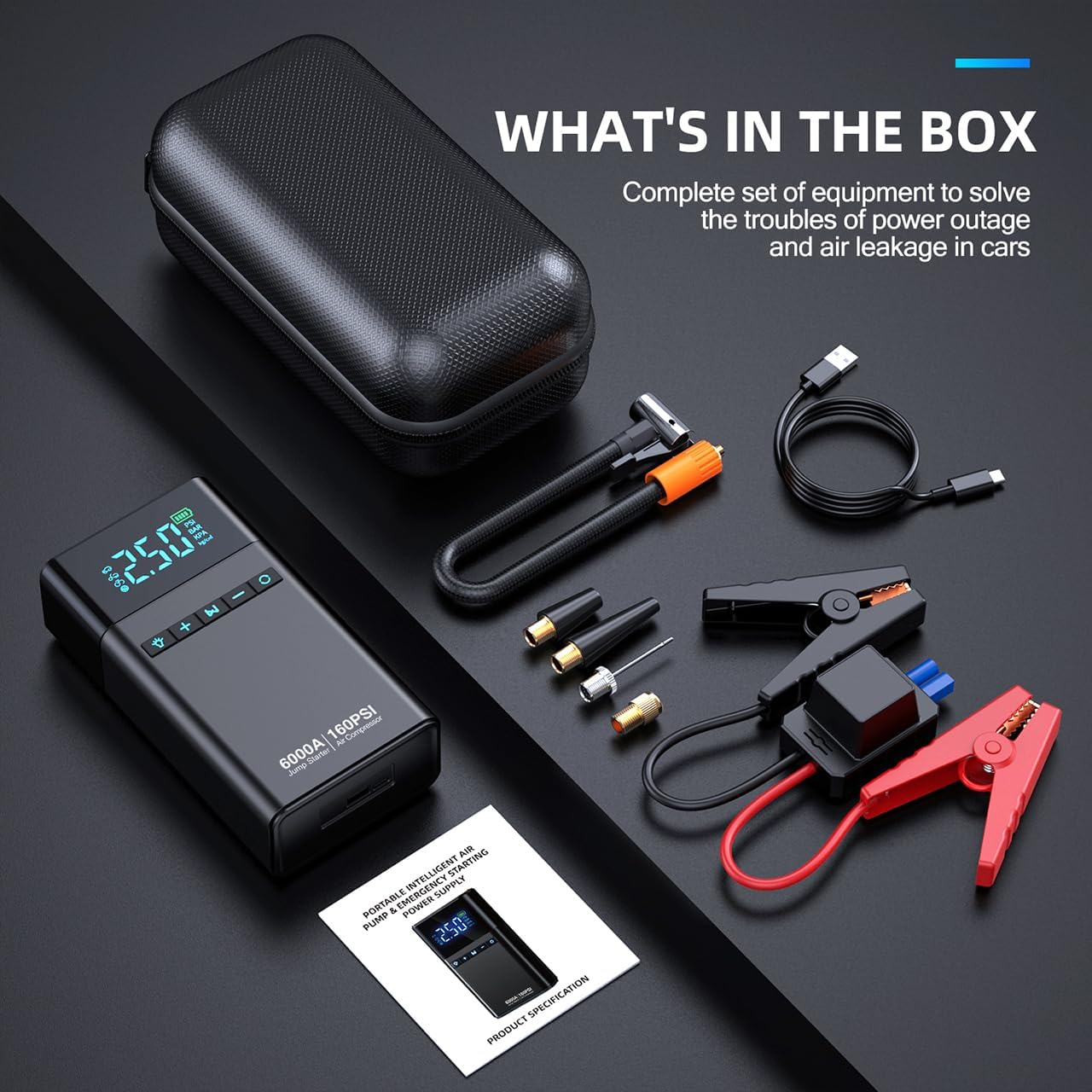 10-in-1 Portable Car Battery Jump Starter with Air Compressor, 6000A 160PSI Portable Car Jumper Starter (All Gas 12L Diesel)