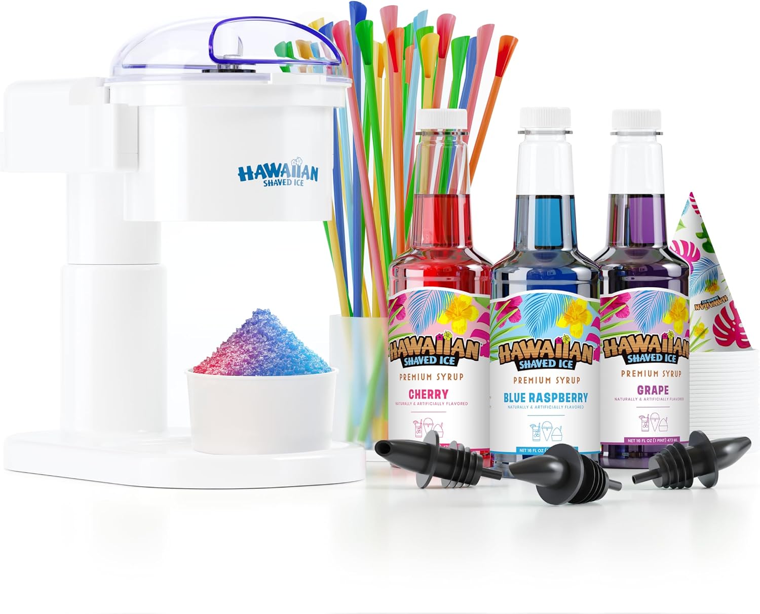 Hawaiian Shaved Ice S700 Kid-Friendly Snow Cone Machine Kit with 3-16oz. Syrup Flavors: Cherry, Grape, and Blue Raspberry, Plus 25 Snow Cone Cups