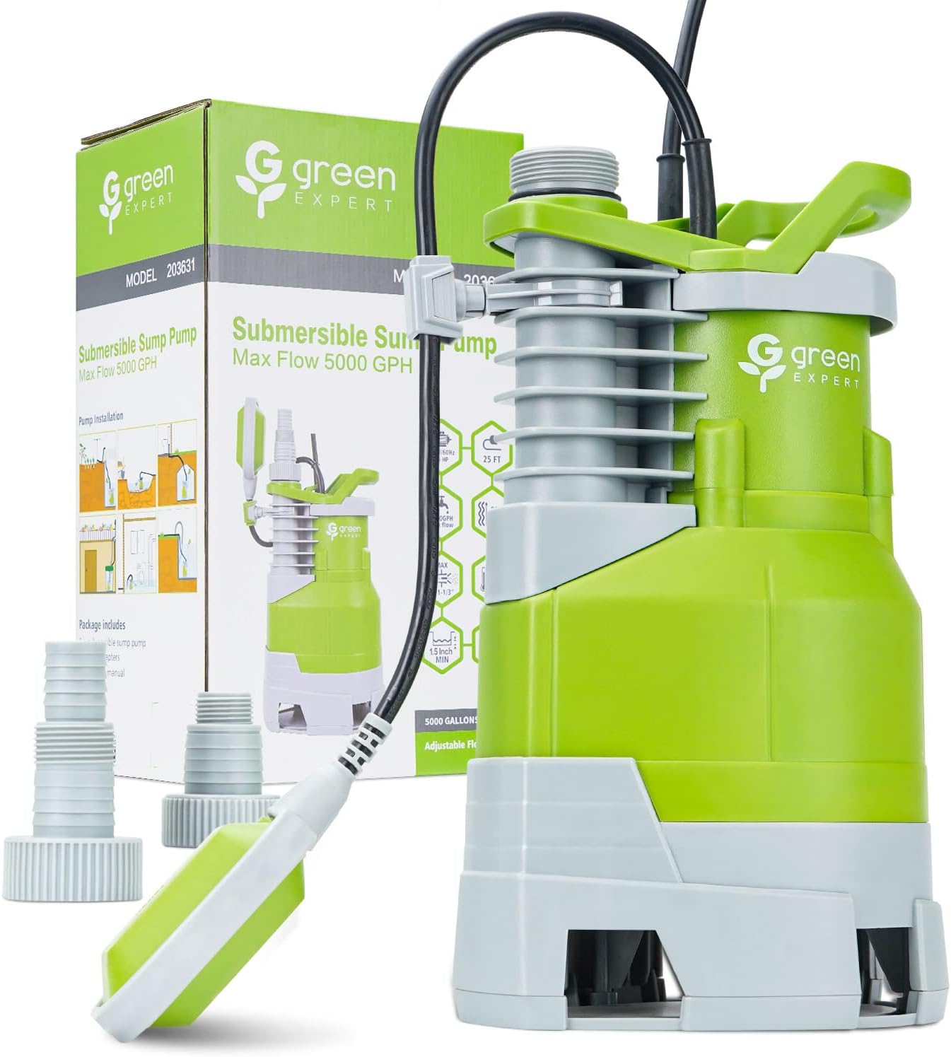 Green Expert 1.5HP Submersible Sump Pump High Flow 5000GPH 25ft Power Cord Manual Automatic On/Off for Water Removal from Basement Sump Pit Pools
