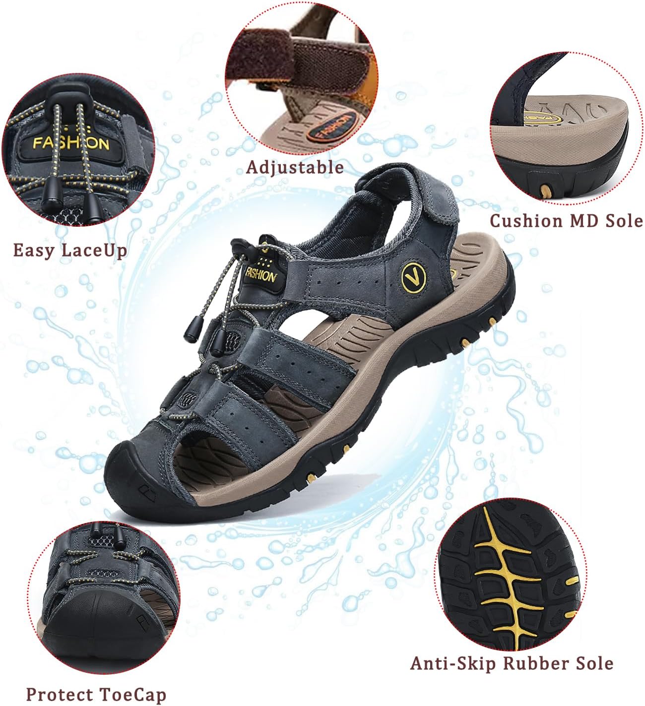 FLARUT Men's Sport Sandals Closed Toe Leather Water Hiking Shoes