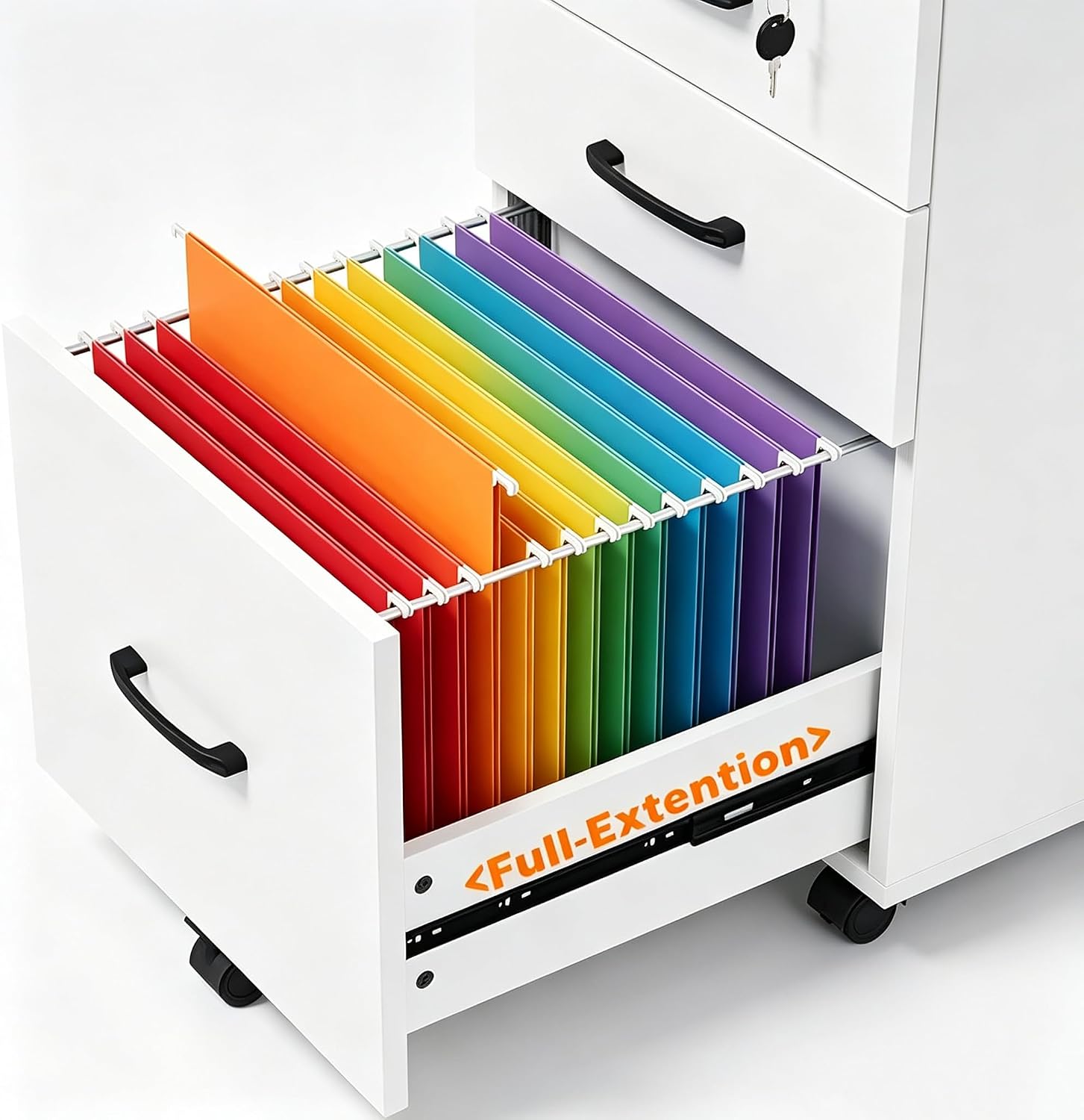 File Cabinet With Lock, 3 Drawer Wood Rolling Filing Under Desk for Home Office, Storage Fits Letter/A4 Size, Mobile Printer Stand, White