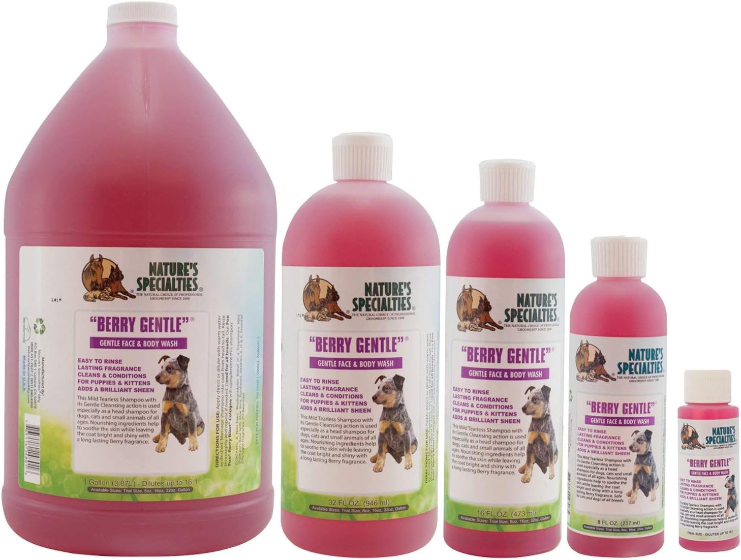 Nature's Specialties Berry Gentle Ultra Concentrated Face and Body Wash for Pets, Makes up to 16 Gallons, Natural Choice for Professional Groomers, Gently Cleanse The Skin and Coat, Made in USA, 1 gal