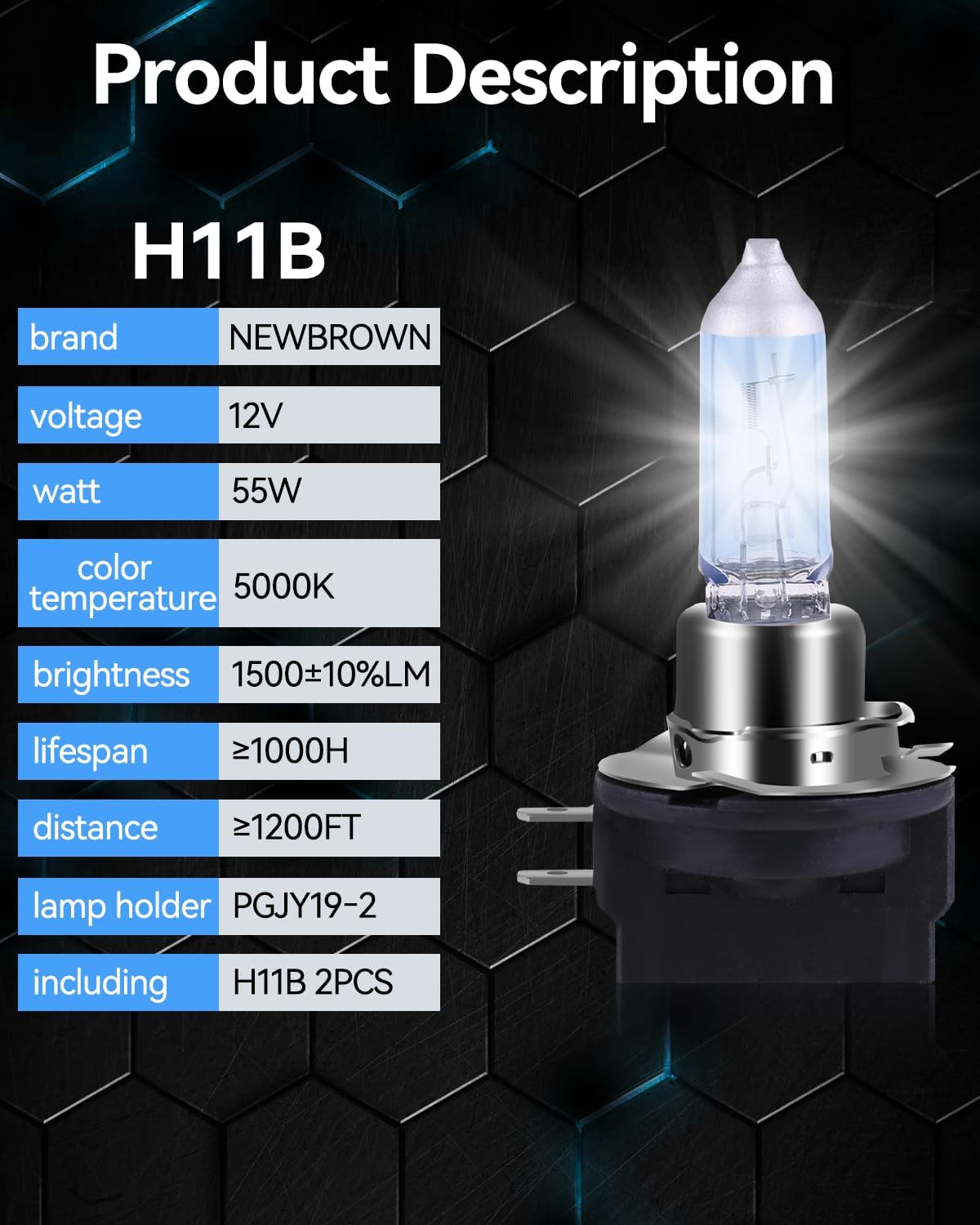 NEWBROWN H11 Headlight Bulb Halogen 5000K Super White Light Long Life Replacement PGJ19-2 12V/55W (H11, 2 Pack)