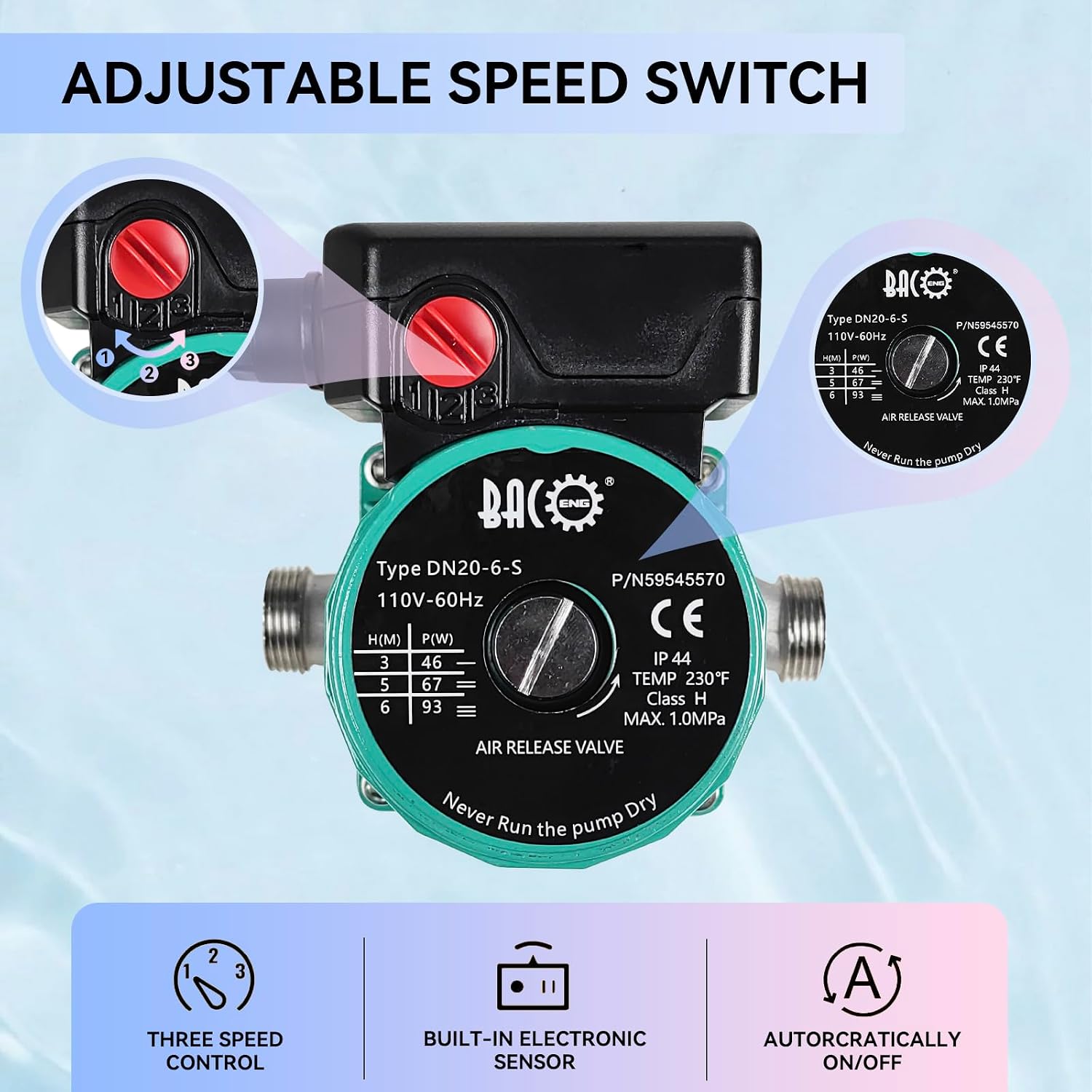 BACOENG Hot Water Recirculating Pump, Stainless Steel Head, Circulation Pump NPT 3/4", 3-Speed Control, Circulating Pump for Water Heater System