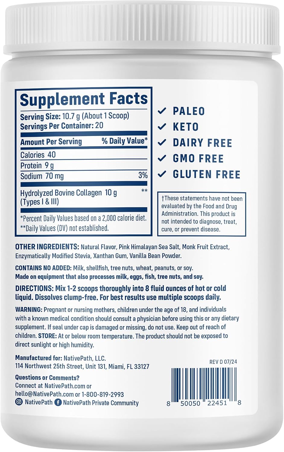 NativePath Collagen Peptides, Wild Berry, Grass-Fed, 20 Servings